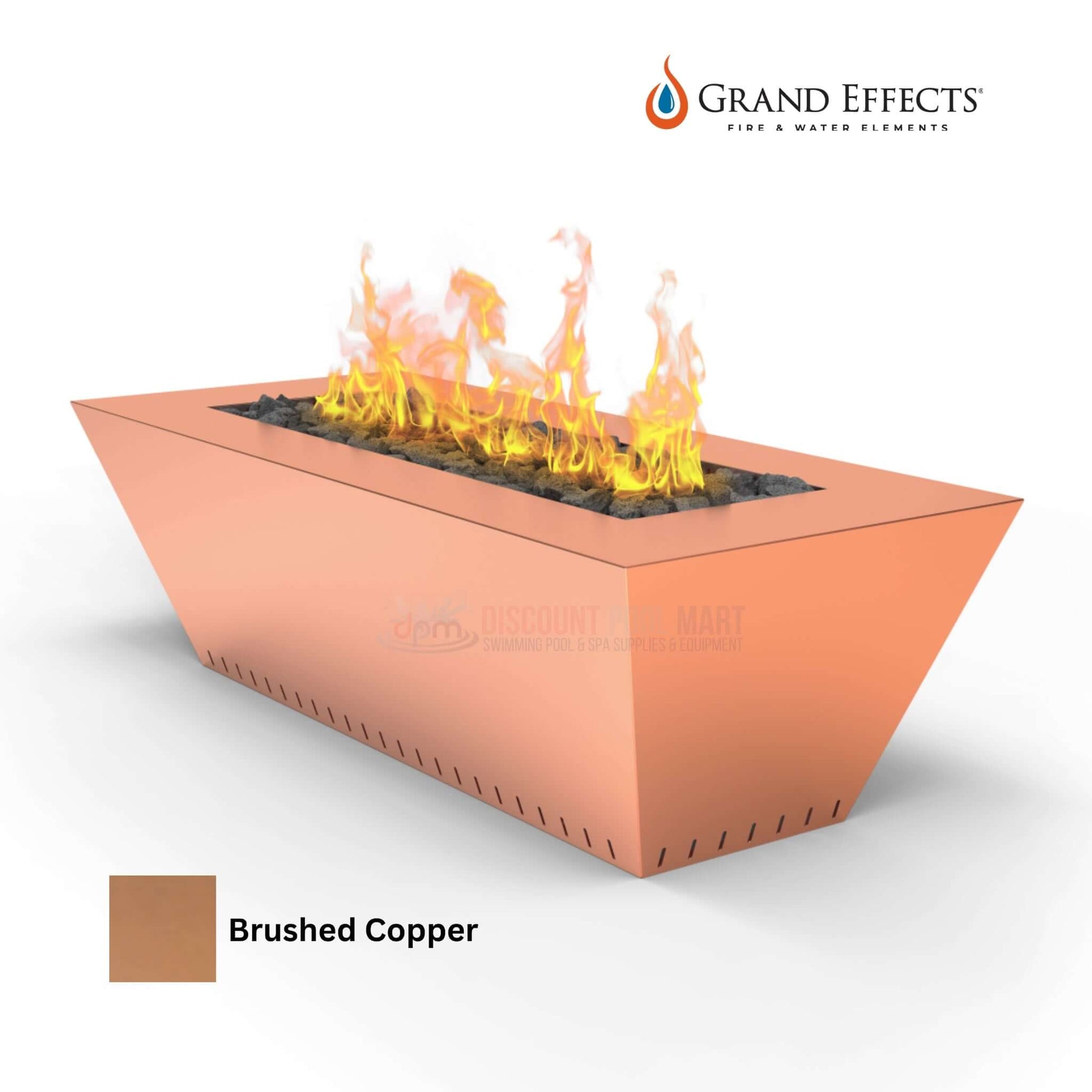 Grand Effects Linear Corinthian Fire Table 60x26x18 Copper DPM SKU with flames and brushed copper finish.