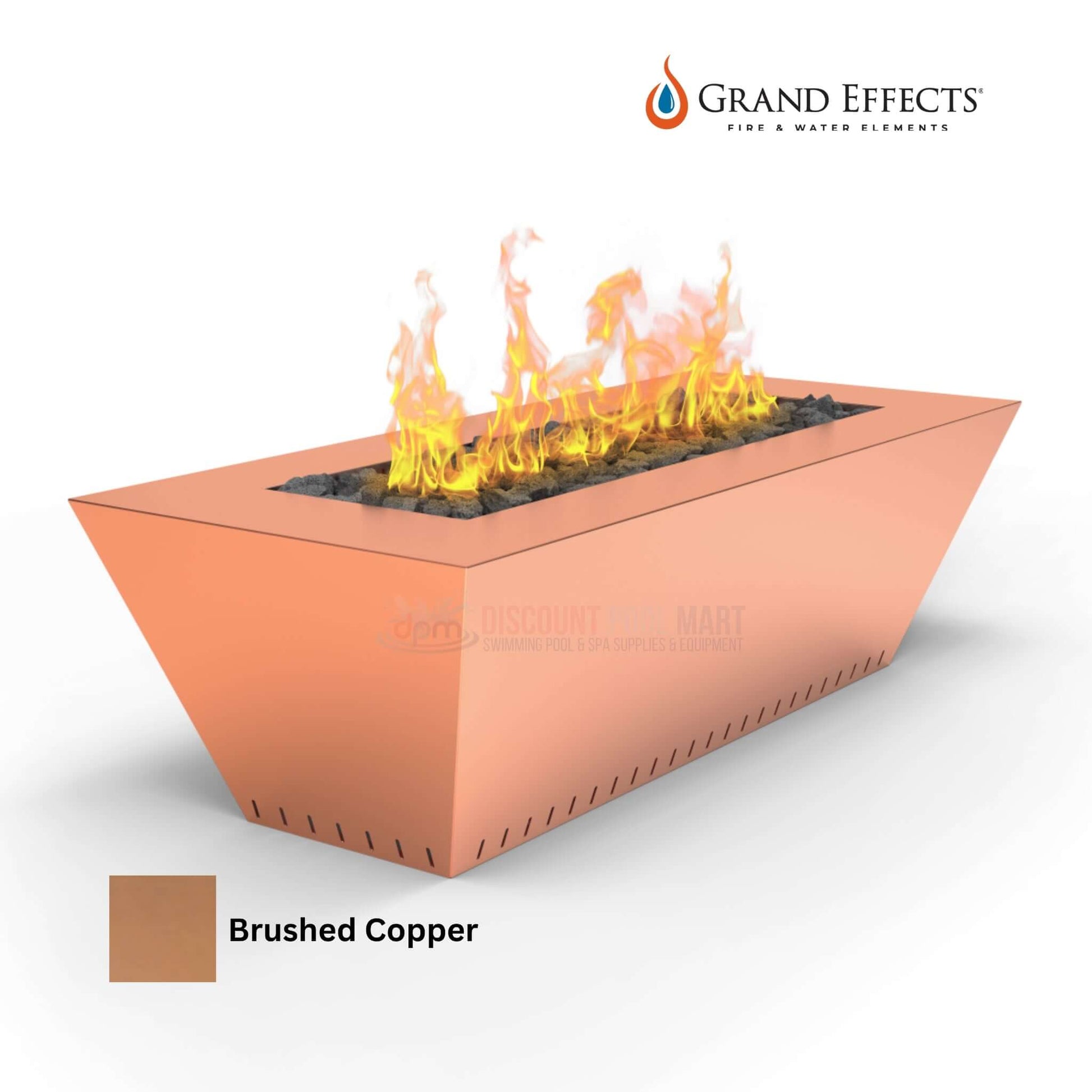 Grand Effects Linear Corinthian Fire Table 60x26x18 Copper by DPM, premium outdoor centerpiece.