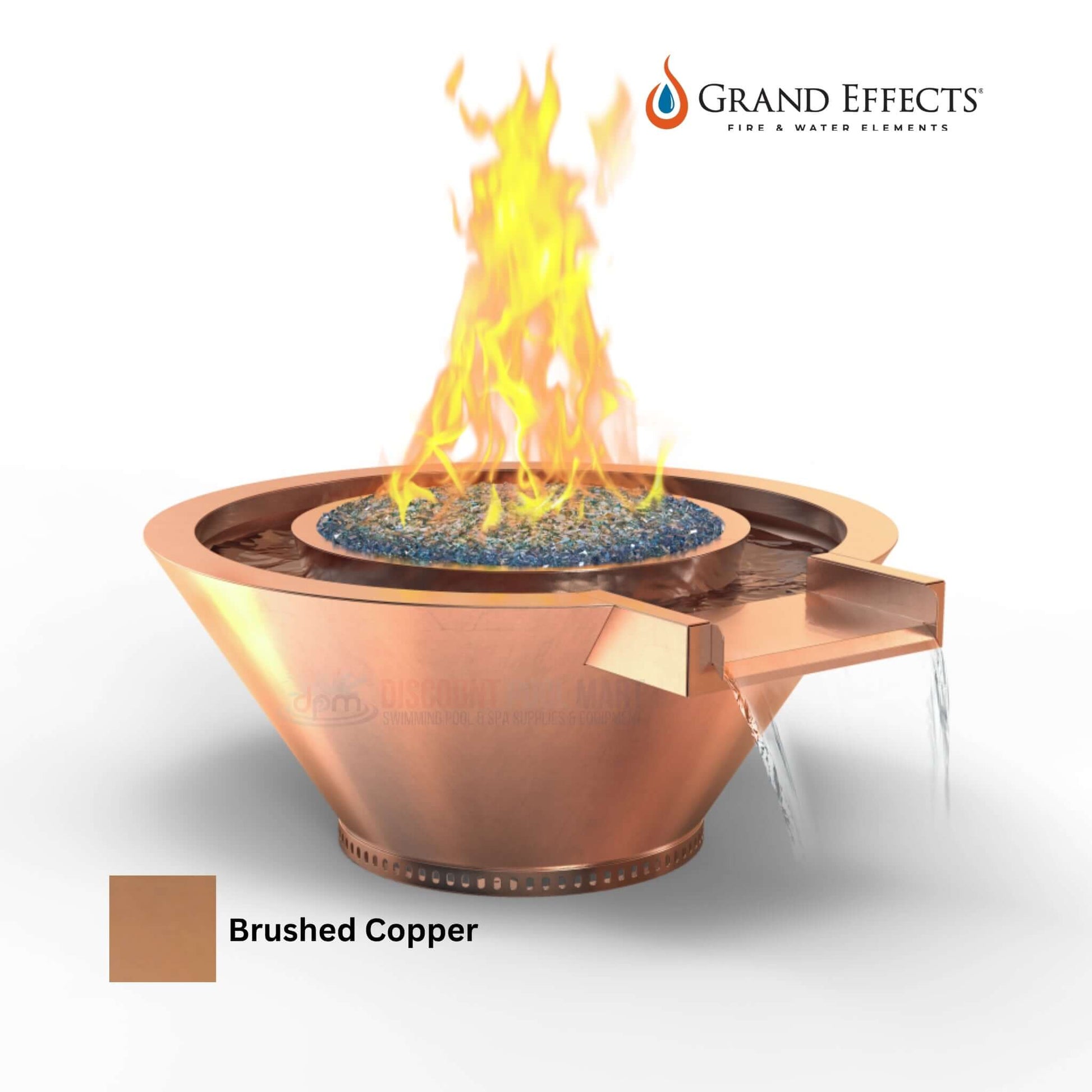 Grand Effects Round Essex Fire & Water Bowl in Brushed Copper, SKU DPM, Artisan Series with Extended Lip from Discount Pool Mart.