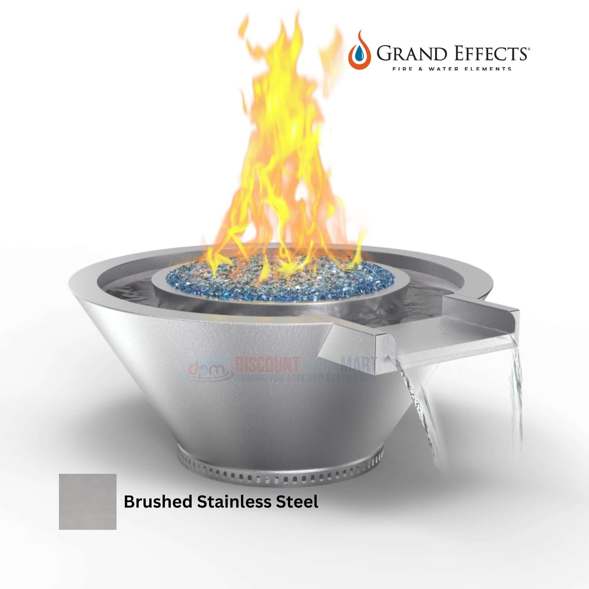 Grand Effects Round Essex Fire & Water Bowl in brushed stainless steel, SKU: DPM, from Discount Pool Mart. Artisan Series with extended lip.