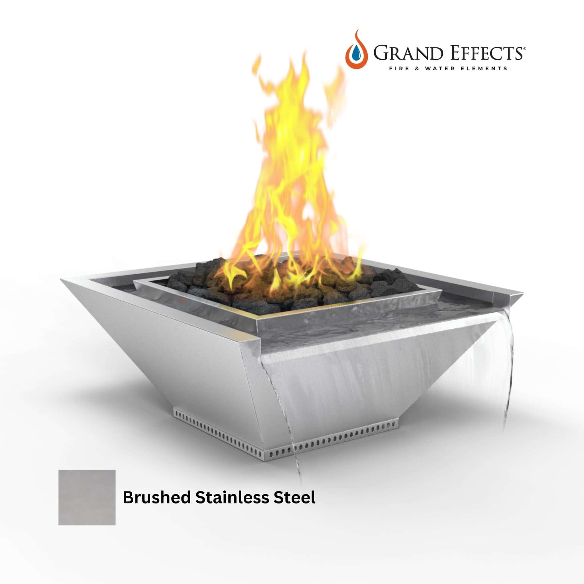 Grand Effects Square Corinthian Fire & Water Bowl in brushed stainless steel by Discount Pool Mart DPM