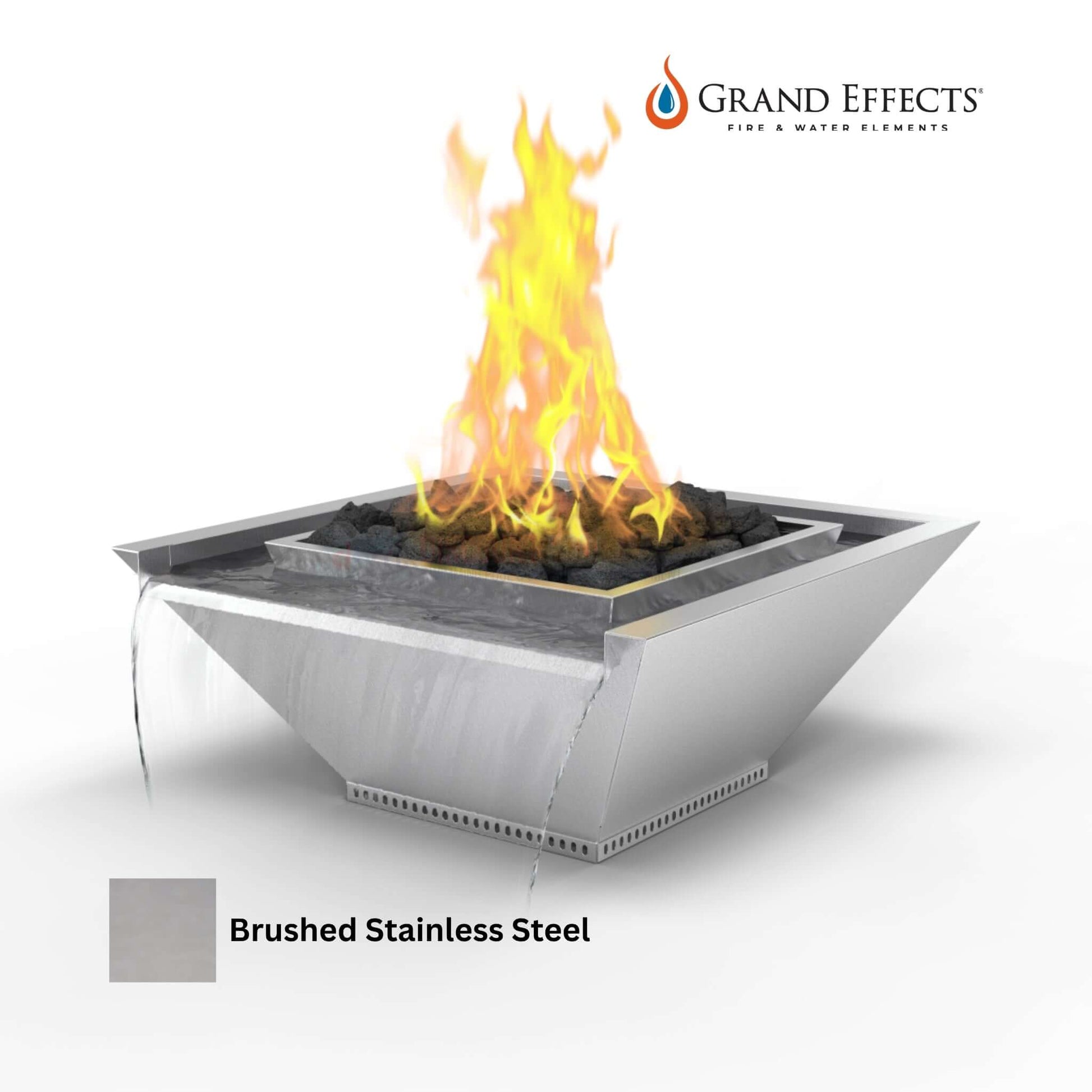 Grand Effects Square Corinthian Fire & Water Bowl in Brushed Stainless Steel by DPM, SKU: GEFW30-36