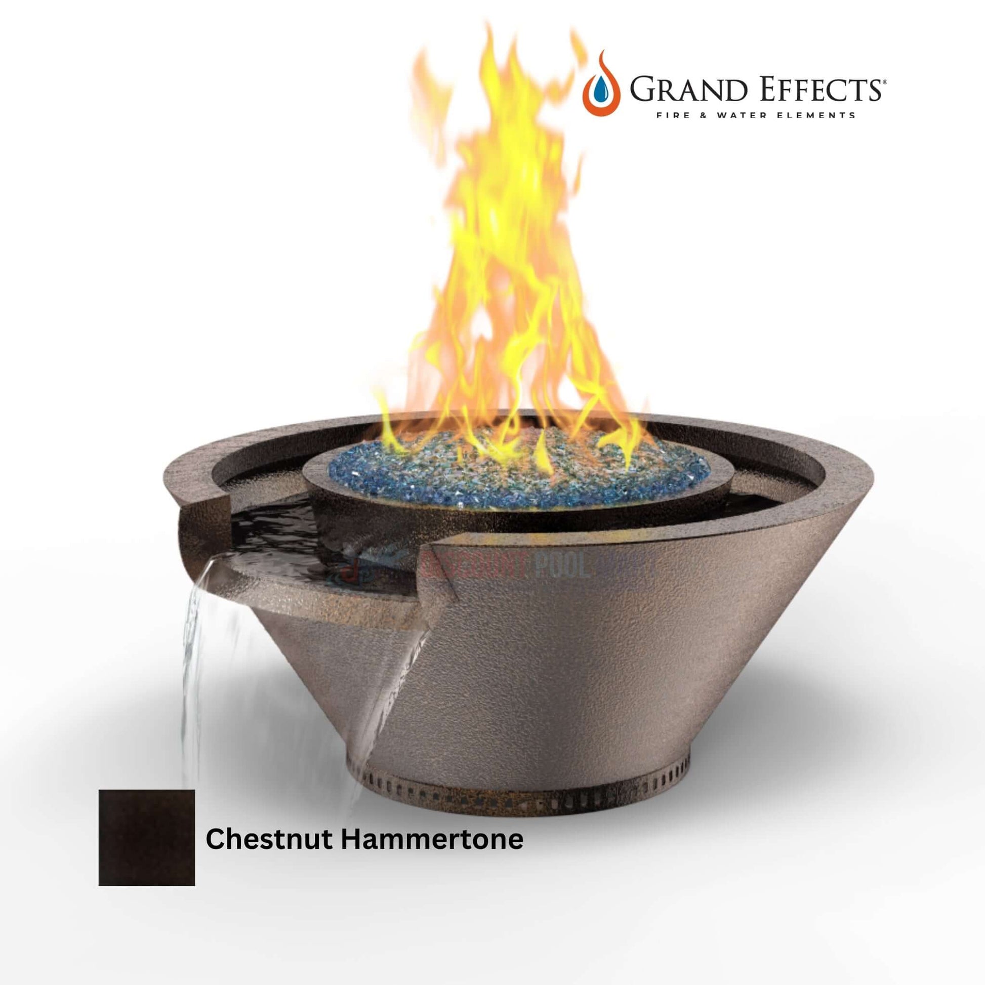Grand Effects Round Essex Fire & Water Bowl in Chestnut Hammertone, luxury fire water feature DPM SKU.