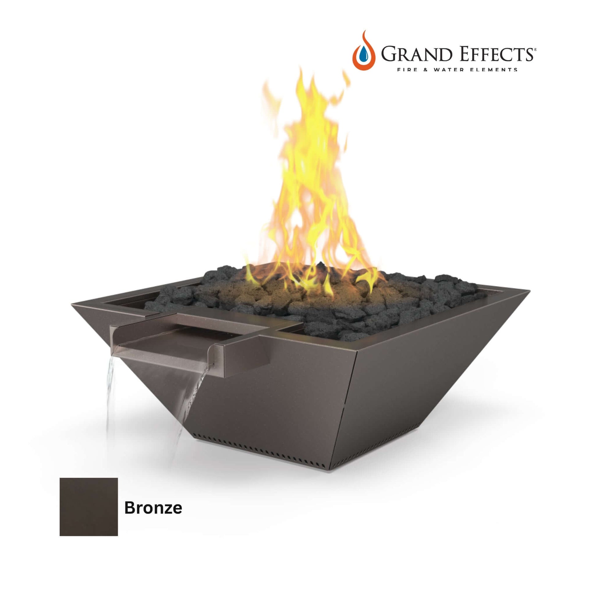 Grand Effects Square Corinthian Fire & Water Bowl in Bronze, 30"x30", SKU: DPM, for outdoor spaces.