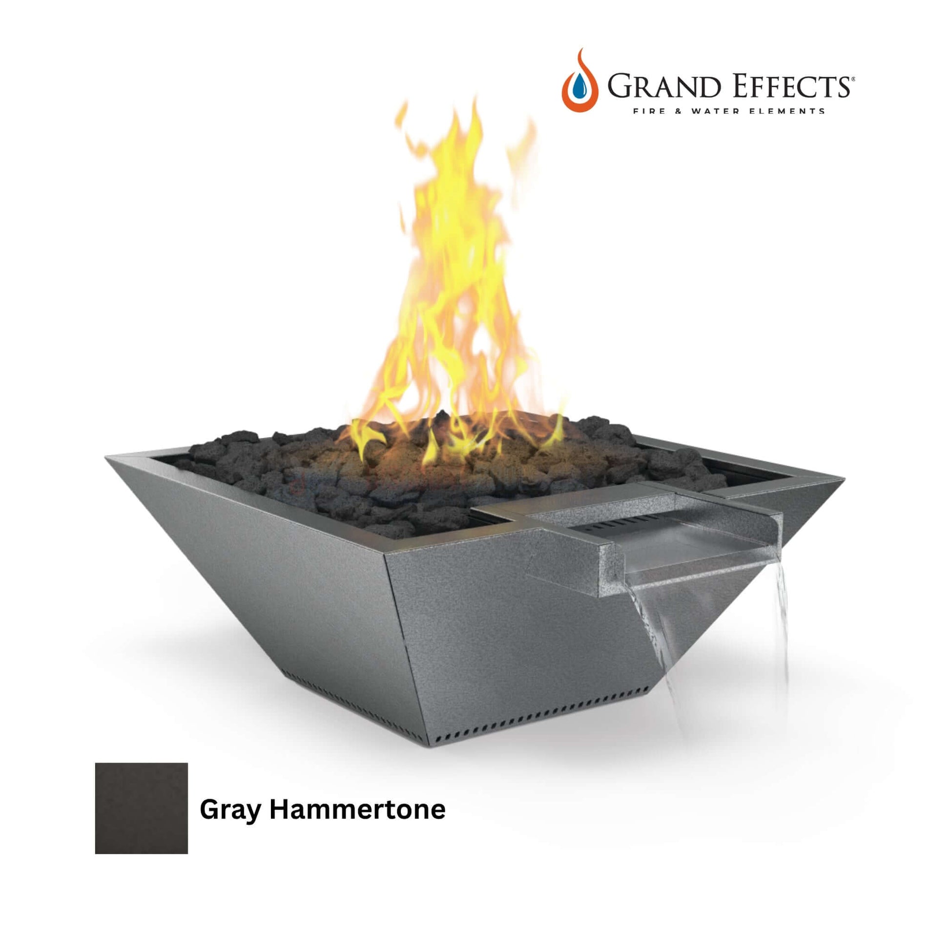 Grand Effects Square Corinthian Fire & Water Bowl in Gray Hammertone with flames, SKU: DPM, Discount Pool Mart.