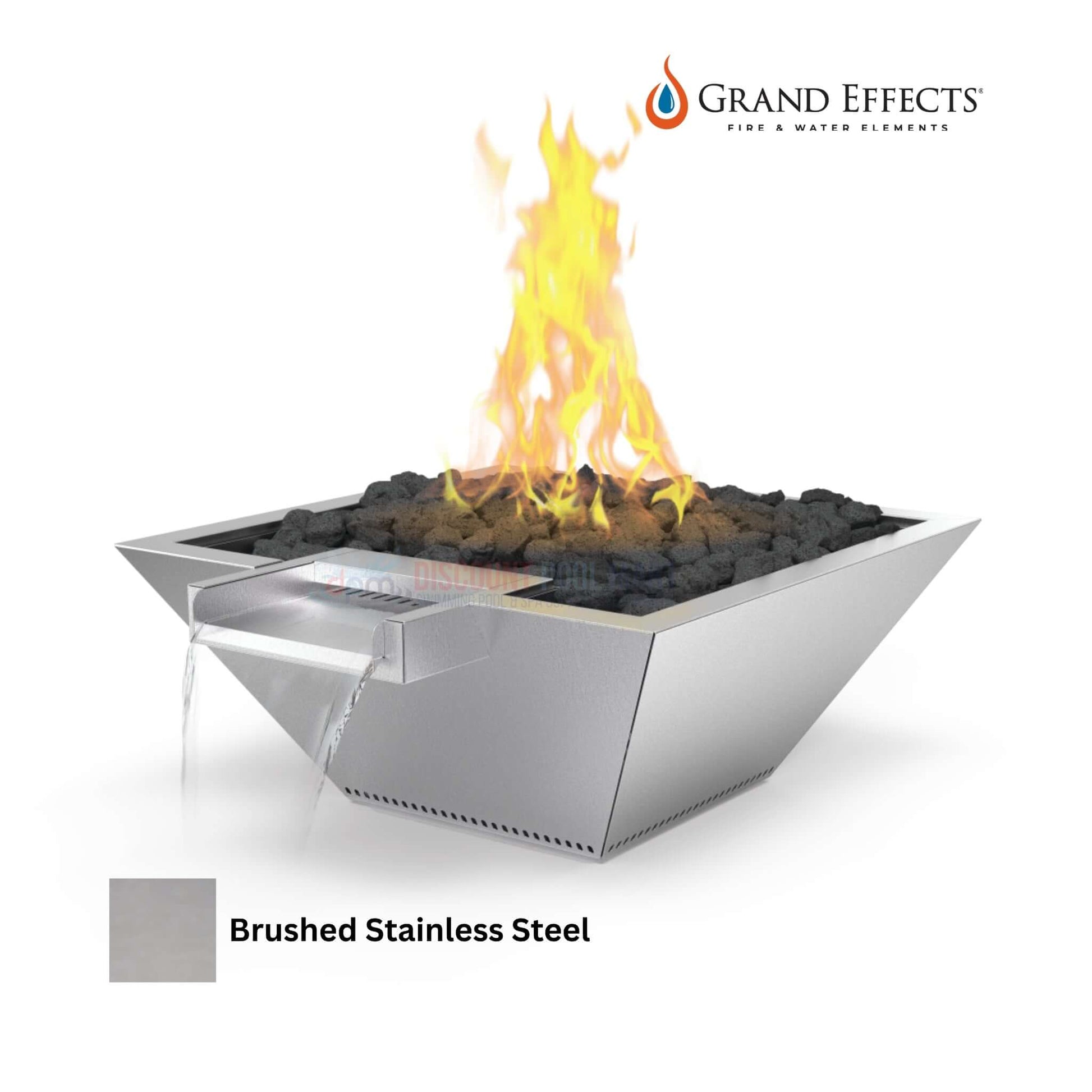 Grand Effects Square Corinthian Fire & Water Bowl in Brushed Stainless Steel from Discount Pool Mart DPM, SKU: GrandEffects001.