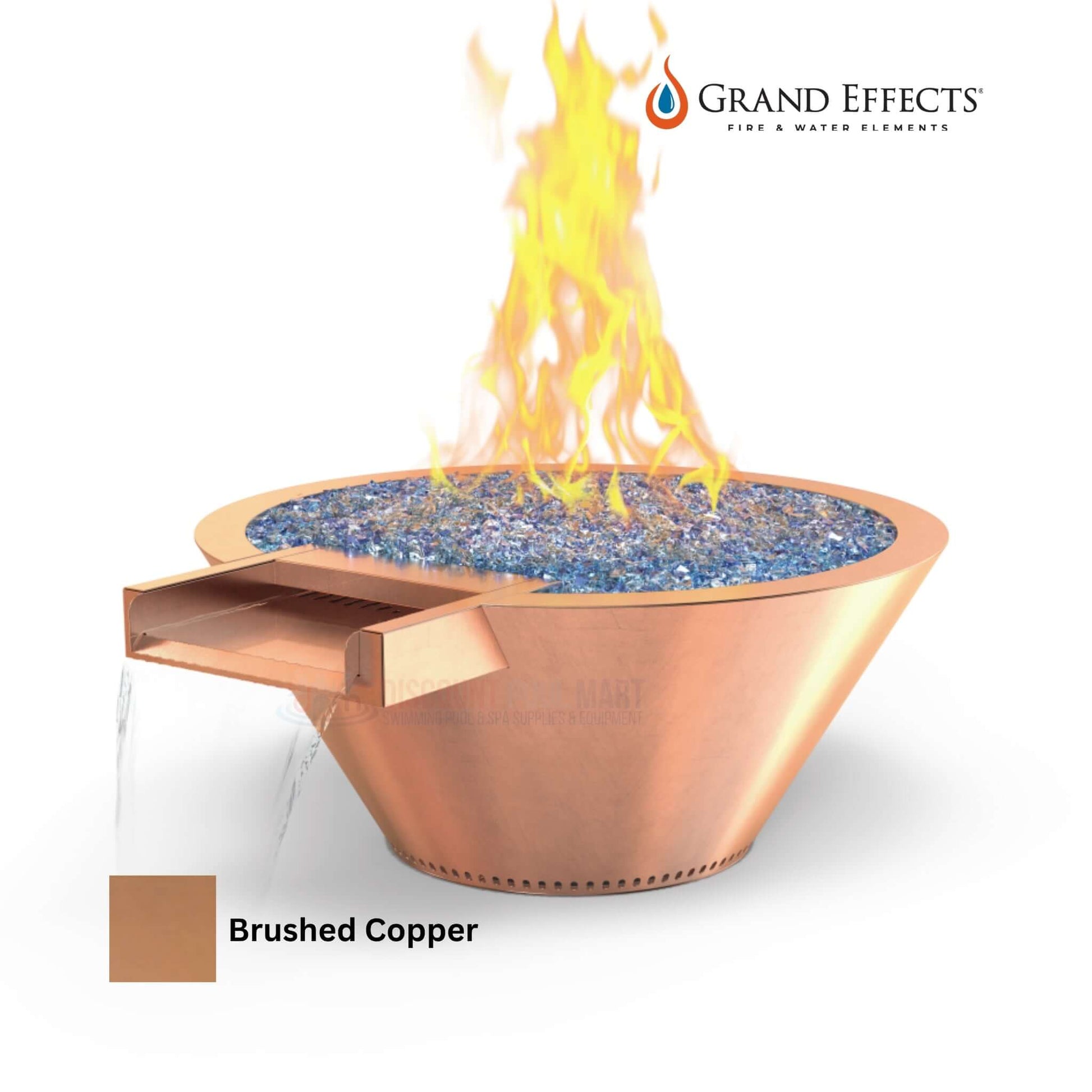 Grand Effects Round Essex Fire & Water Bowl in Brushed Copper, SKU DPM-XXXX, from Discount Pool Mart, blends fire and water.