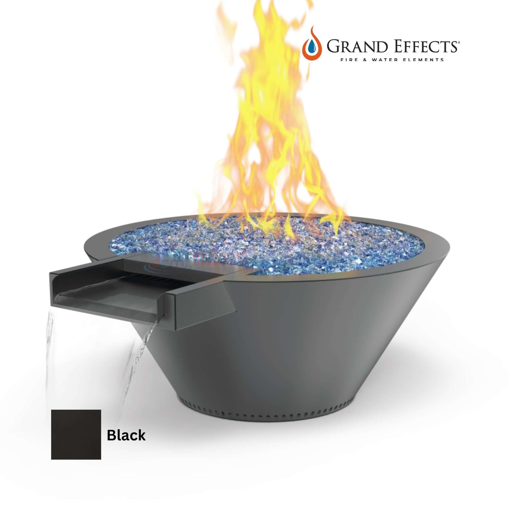 Grand Effects Round Essex Fire & Water Bowl in Black, DPM SKU #12345, outdoor premium feature with flames and water.