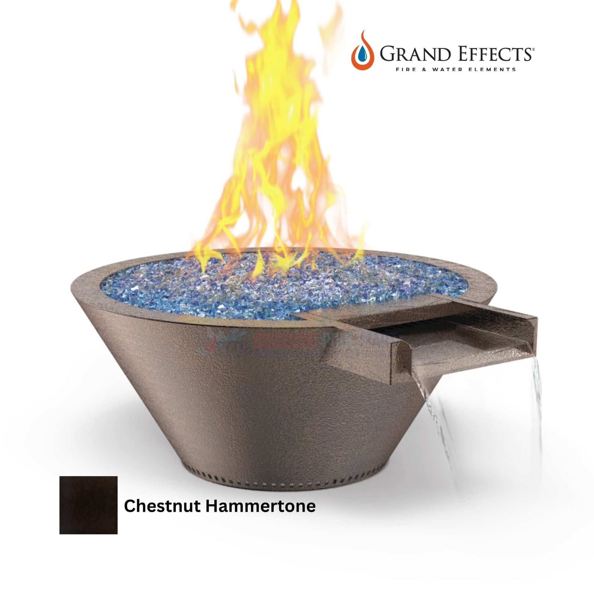 Grand Effects Round Essex Fire & Water Bowl in Chestnut Hammertone with flames and waterfall, SKU DPM, outdoor feature.