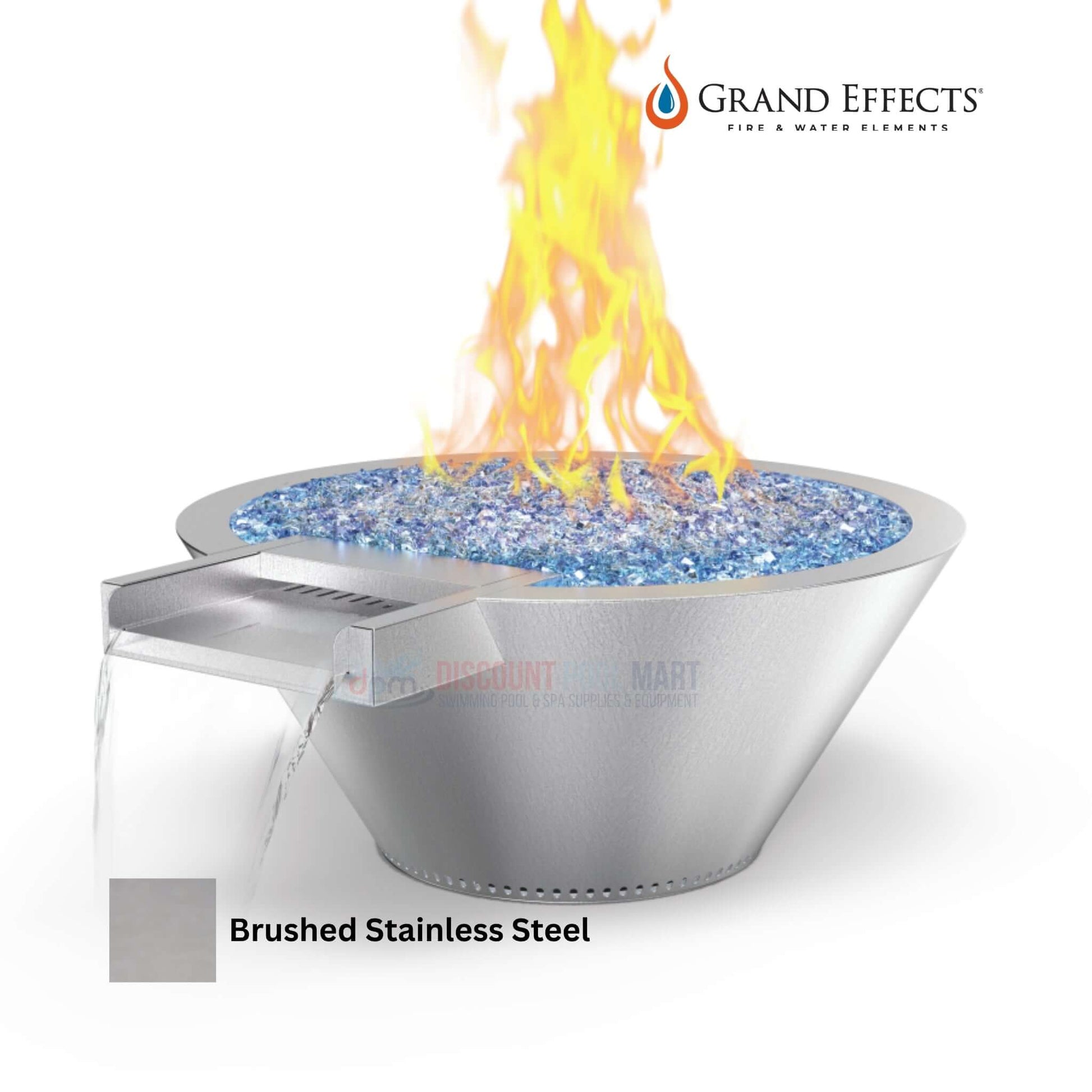 Grand Effects Round Essex Fire & Water Bowl Stainless Steel by Discount Pool Mart DPM with flames and glass stones.