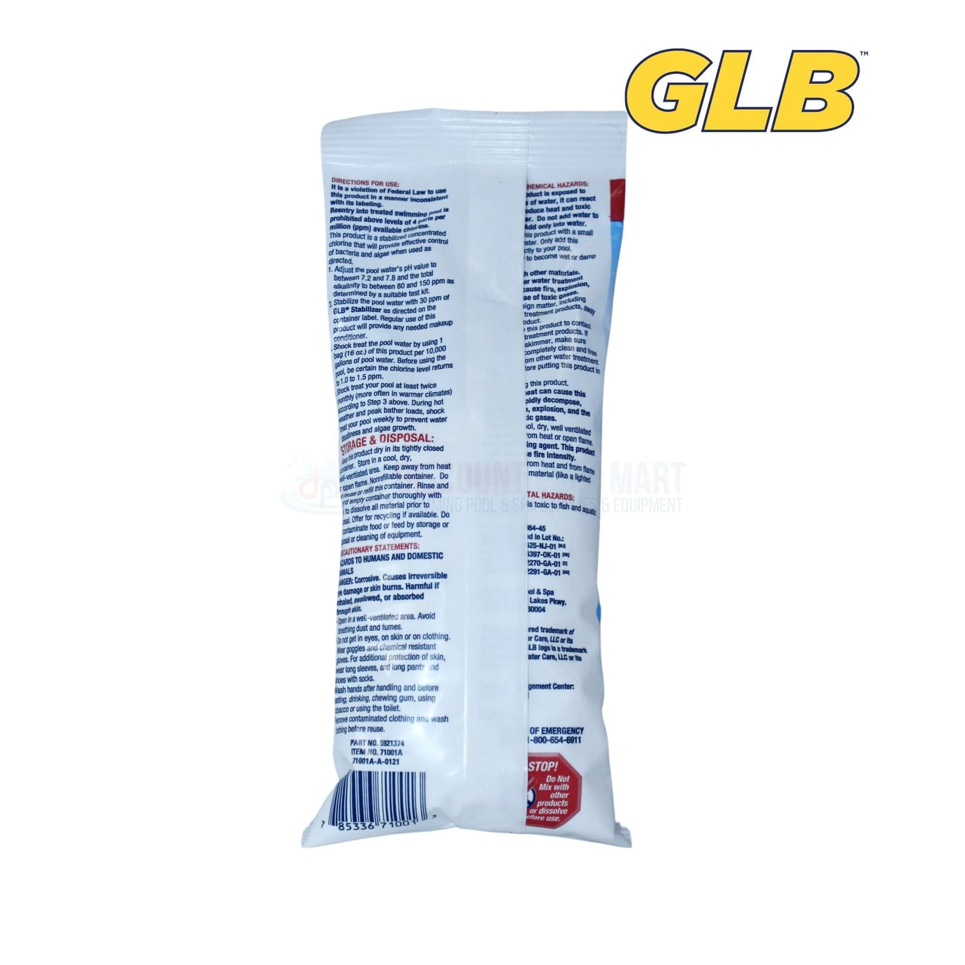 GLB Stabilized Granular Chlorine 1 lb packaging back view, from Discount Pool Mart DPM, fast-dissolving pool sanitizer.