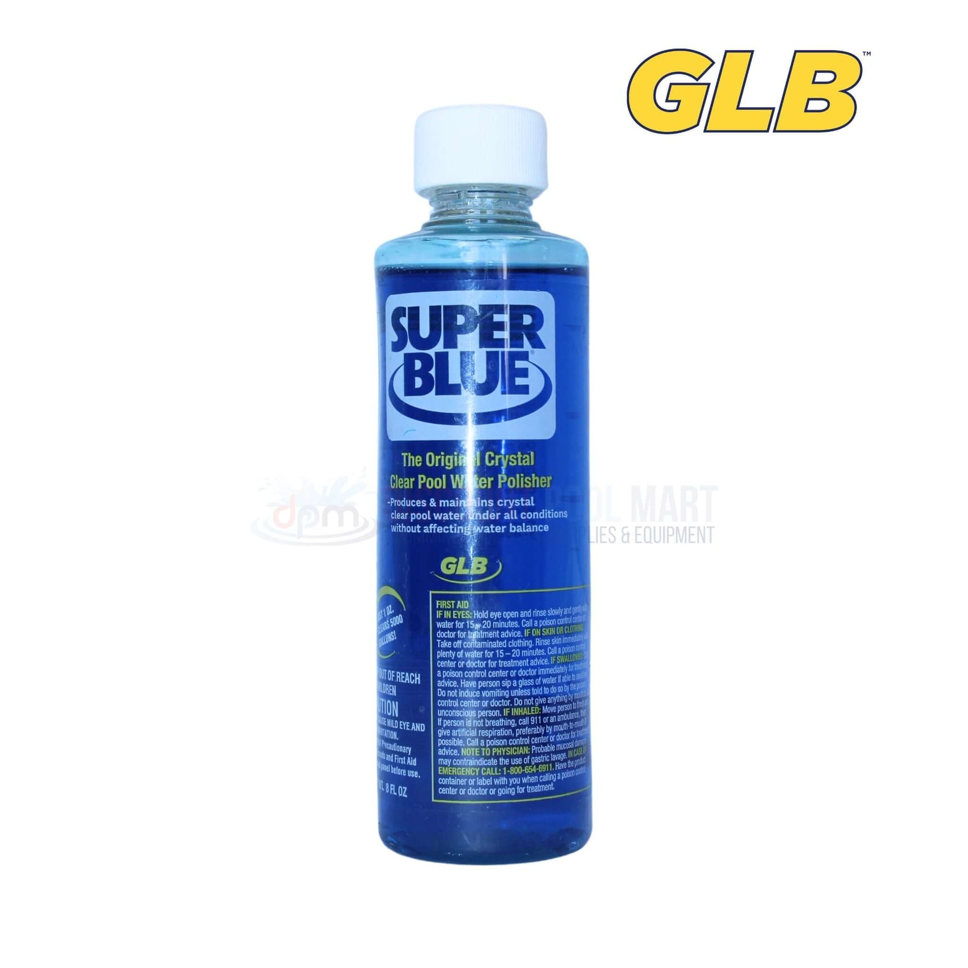 GLB Super Blue Water Clarifier 8 oz by Discount Pool Mart DPM for clear pool and spa water filtration efficiency.