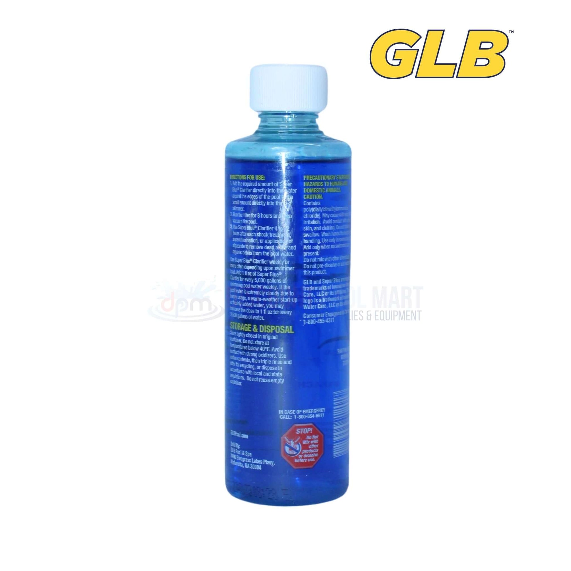 GLB Super Blue Water Clarifier 8 oz bottle from Discount Pool Mart DPM, effective for clear pool and spa water.
