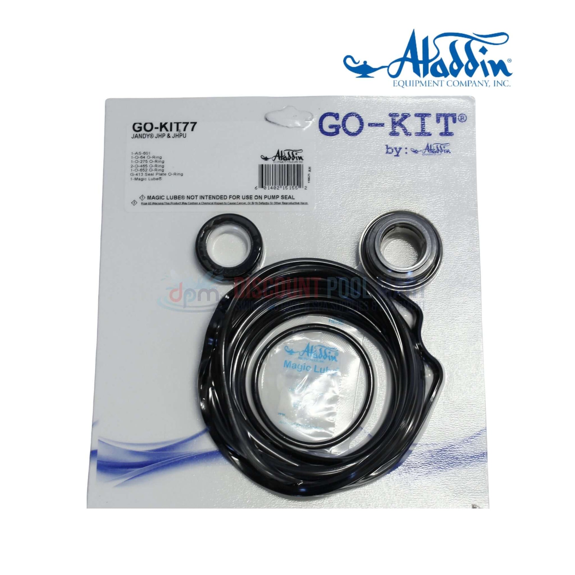 GO-KIT77 | Aladdin Jandy JHP & JHPU O-Ring Repair Kit on package showing O-rings and shaft seal, ideal pool supplies from Discount Pool Mart.