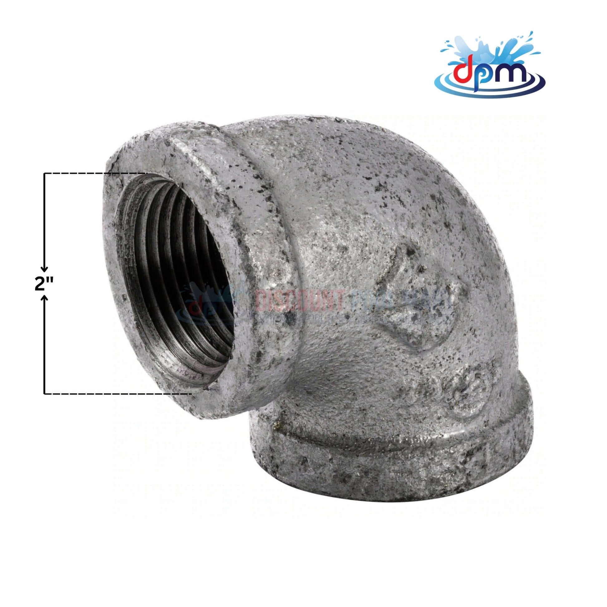 Galvanized 90 Degree Elbow Fitting, 2-inch diameter, by Discount Pool Mart DPM, ideal for piping systems.