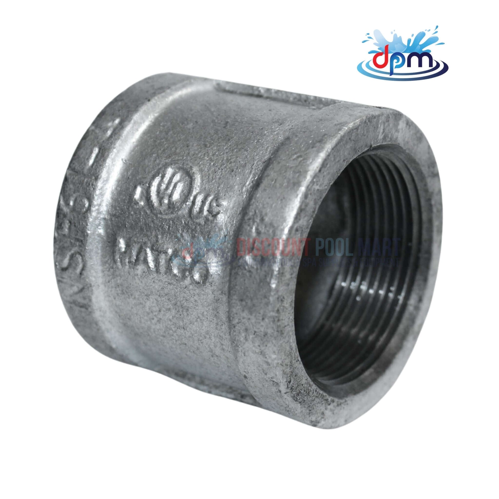 Galvanized coupling fitting 1.5" diameter by Discount Pool Mart DPM, durable for plumbing and gas systems.