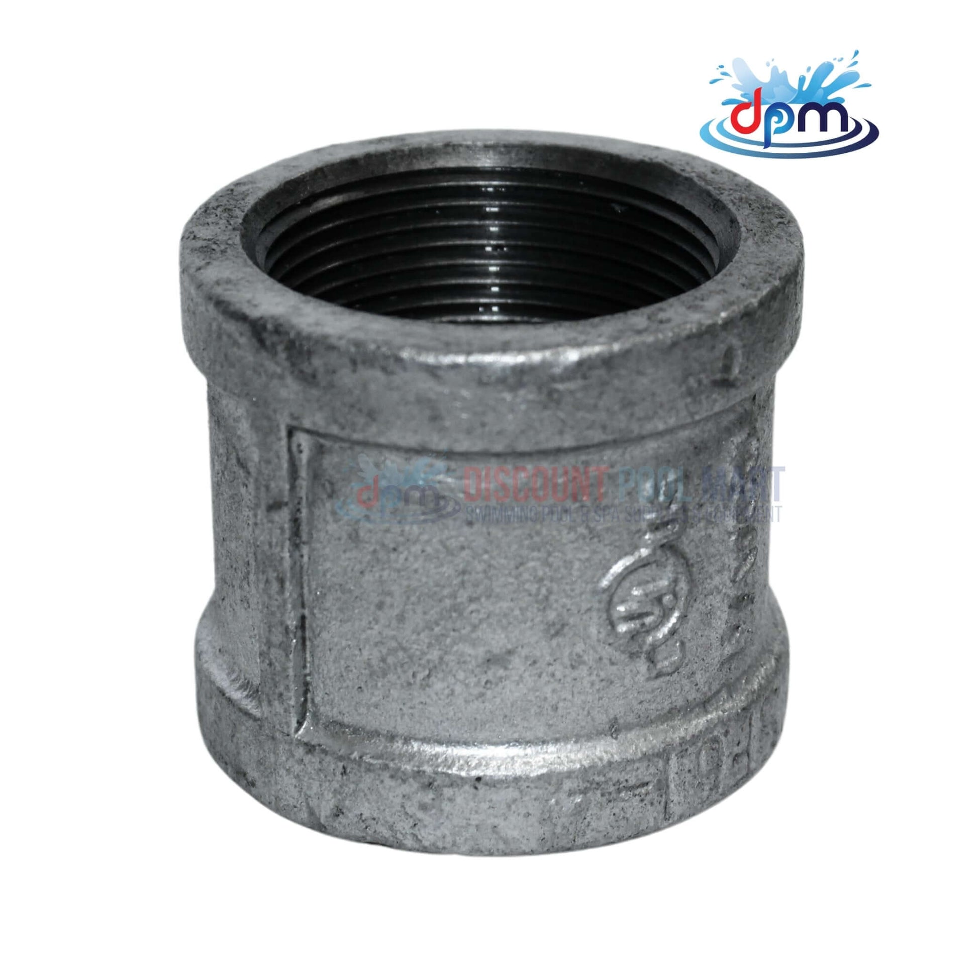 Galvanized Coupling Fitting 1.5" diameter from Discount Pool Mart DPM, ideal for plumbing and gas systems.