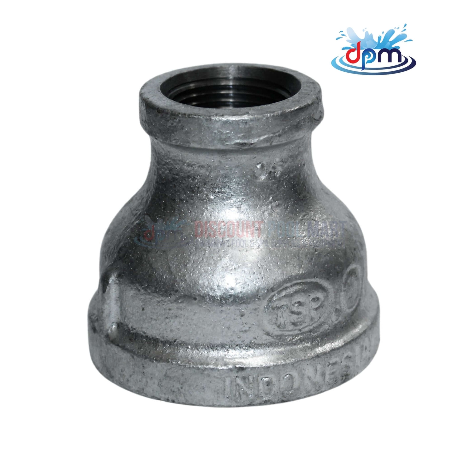 Galvanized reducer bushing from Discount Pool Mart DPM, bell type reducing coupling, 1-1/2" x 3/4" size.