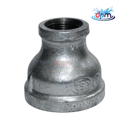 Galvanized reducer bushing from Discount Pool Mart DPM, bell type reducing coupling, 1-1/2" x 3/4" size.
