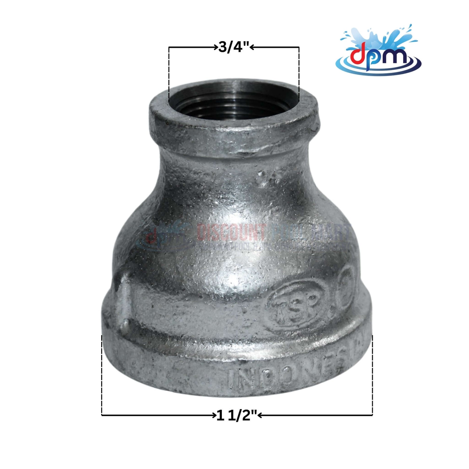 Galvanized Reducer Bushing 1-1/2" x 3/4" from Discount Pool Mart DPM, bell-type for secure connections.
