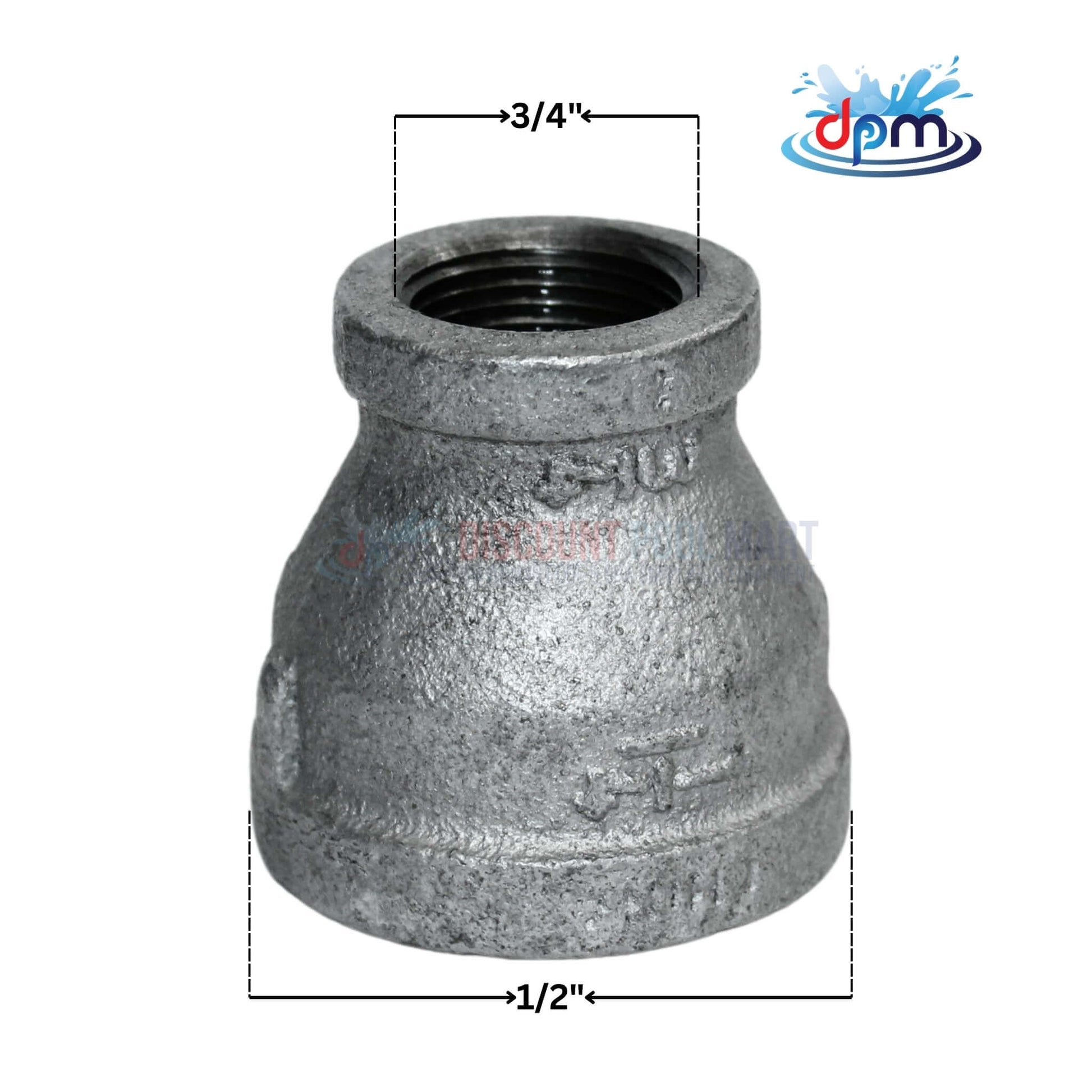 Galvanized Reducer Bushing, bell type, 1-1/4" x 3/4", from Discount Pool Mart DPM. Durable with corrosion resistance.