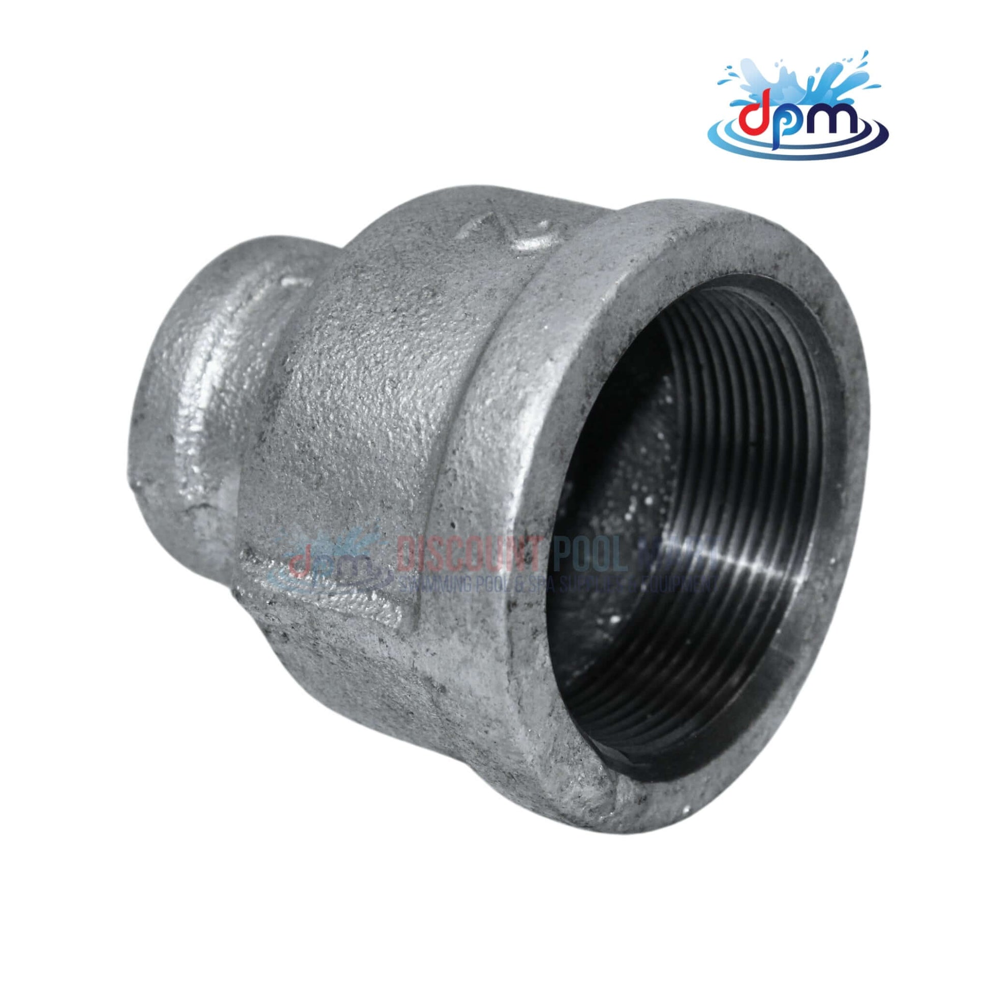 Galvanized Reducer Bushing, bell-type, 2" x 1" coupling by Discount Pool Mart DPM for reliable fluid transition.