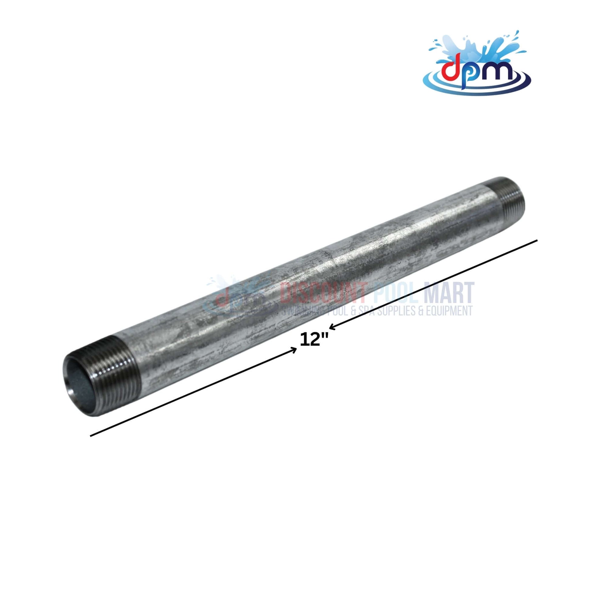 Galvanized Steel Nipple 3/4" x 12" for plumbing and gas systems by Discount Pool Mart (DPM). Durable and leak-resistant.