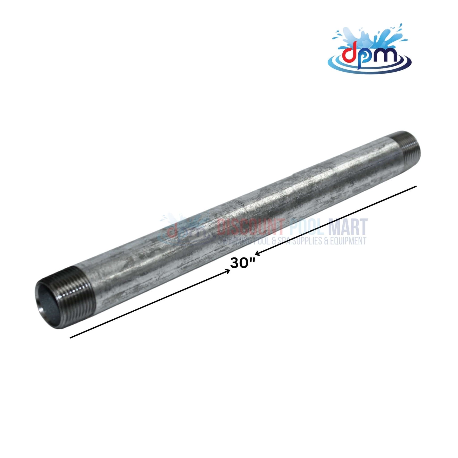 Galvanized steel nipple 3/4" x 30" pipe connector for plumbing by Discount Pool Mart (DPM), corrosion-resistant.