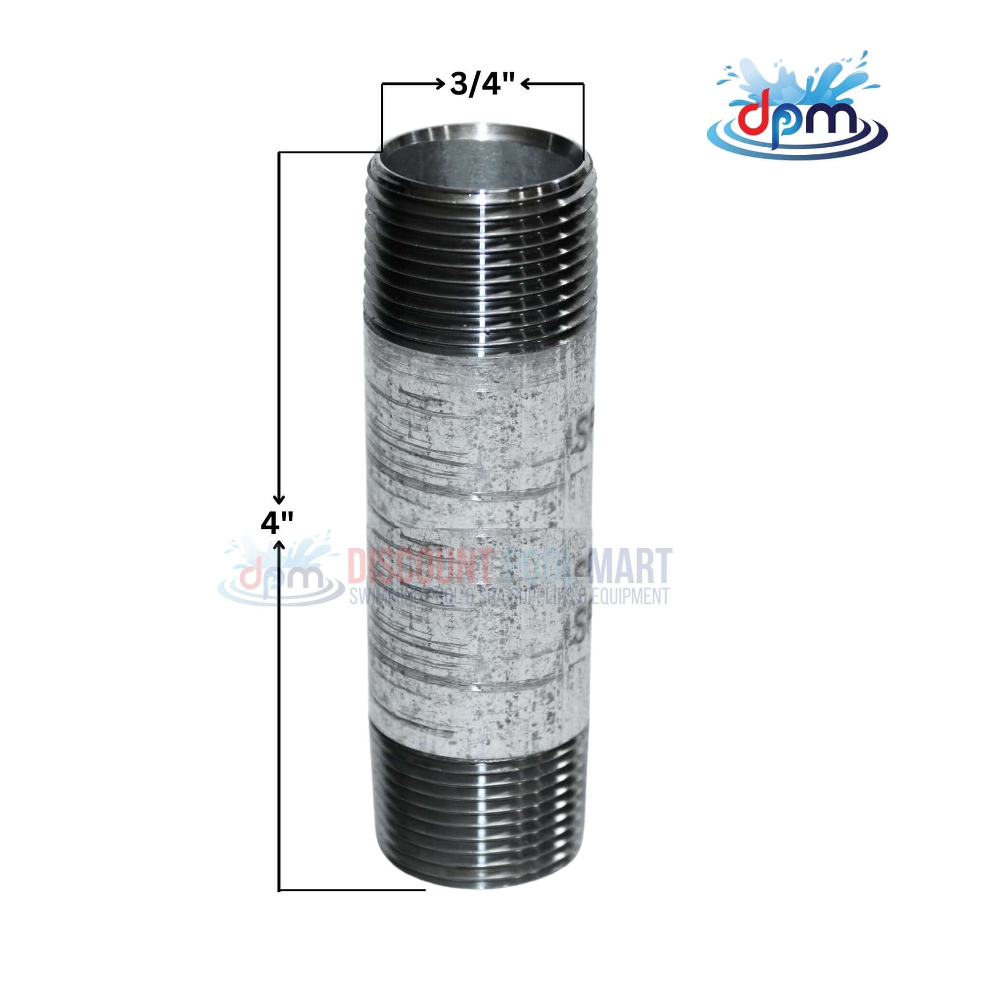 Galvanized Steel Nipple 3/4" x 4" from Discount Pool Mart DPM, durable, corrosion-resistant plumbing fitting.