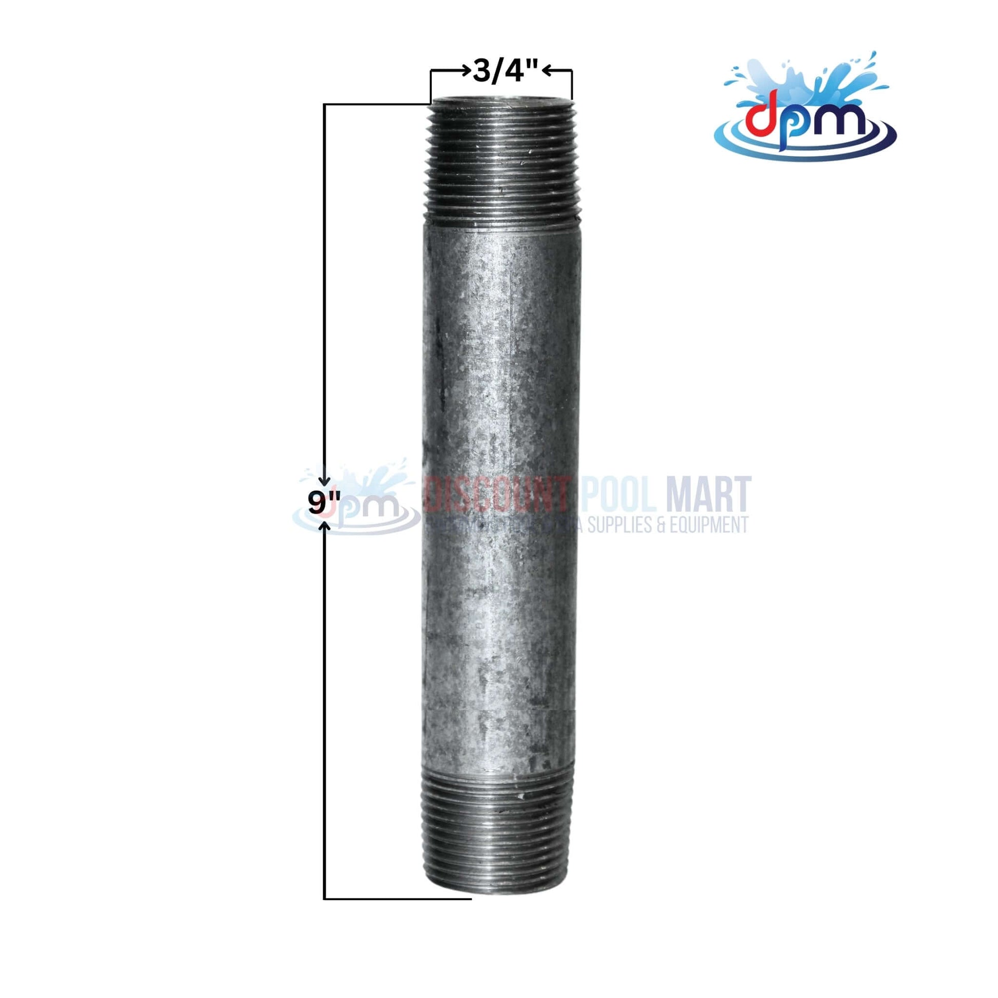 Galvanized Steel Nipple 3/4" x 9" from Discount Pool Mart (DPM) - Durable and corrosion-resistant piping solution.
