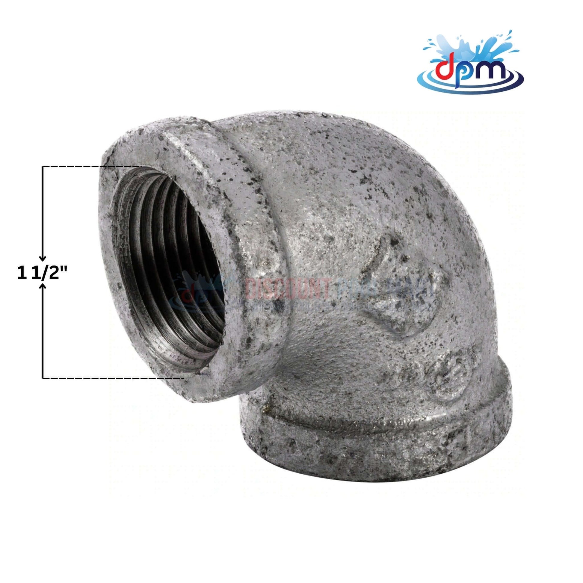 Galvanized 90 Degree Elbow Fitting, 1.5" diameter, durable steel for piping systems from Discount Pool Mart DPM.