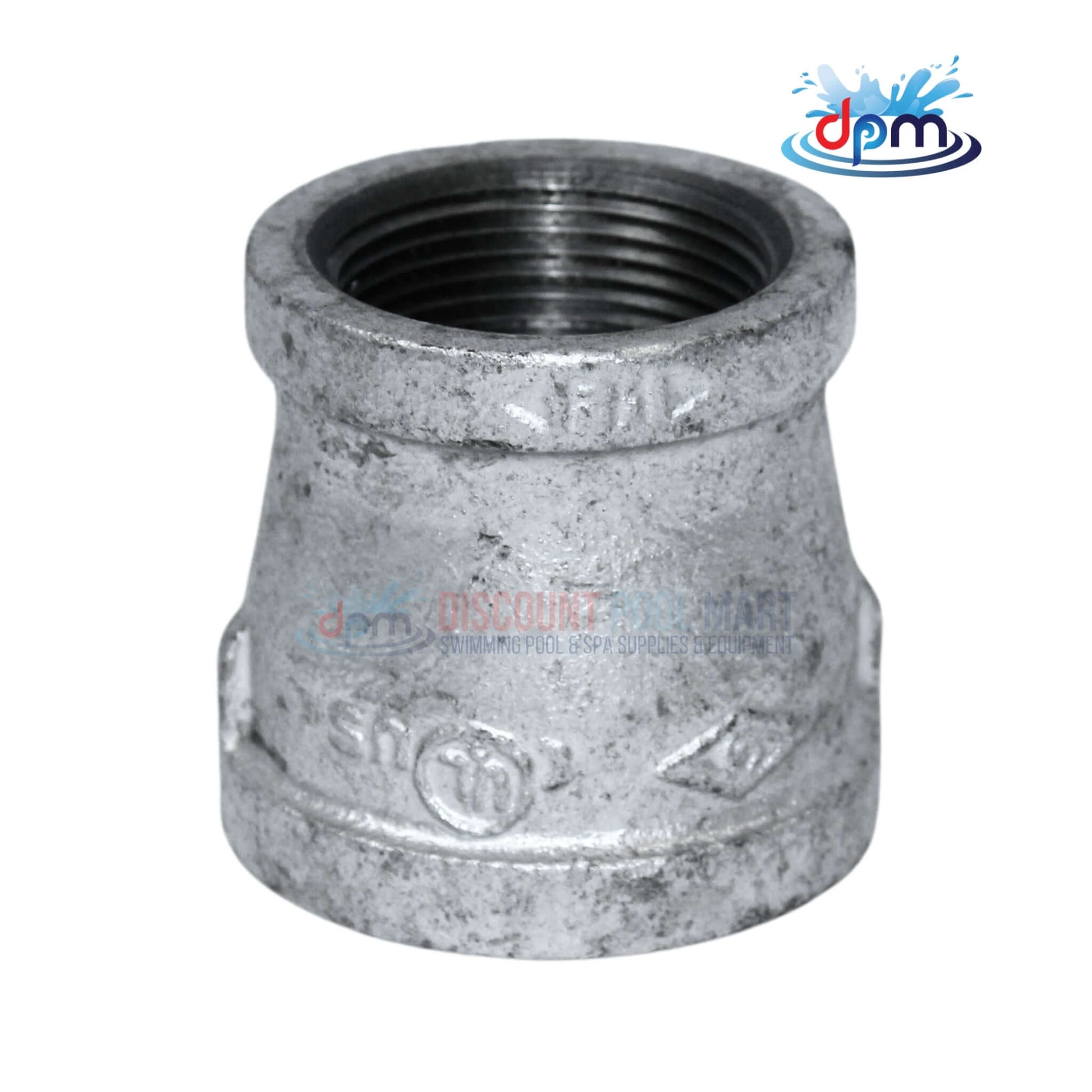 Galvanized Reducer Bushing from Discount Pool Mart, 1-1/2" to 1-1/4", bell-type, durable, corrosion resistant.