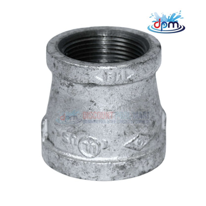 Galvanized Reducer Bushing from Discount Pool Mart, 1-1/2" to 1-1/4", bell-type, durable, corrosion resistant.