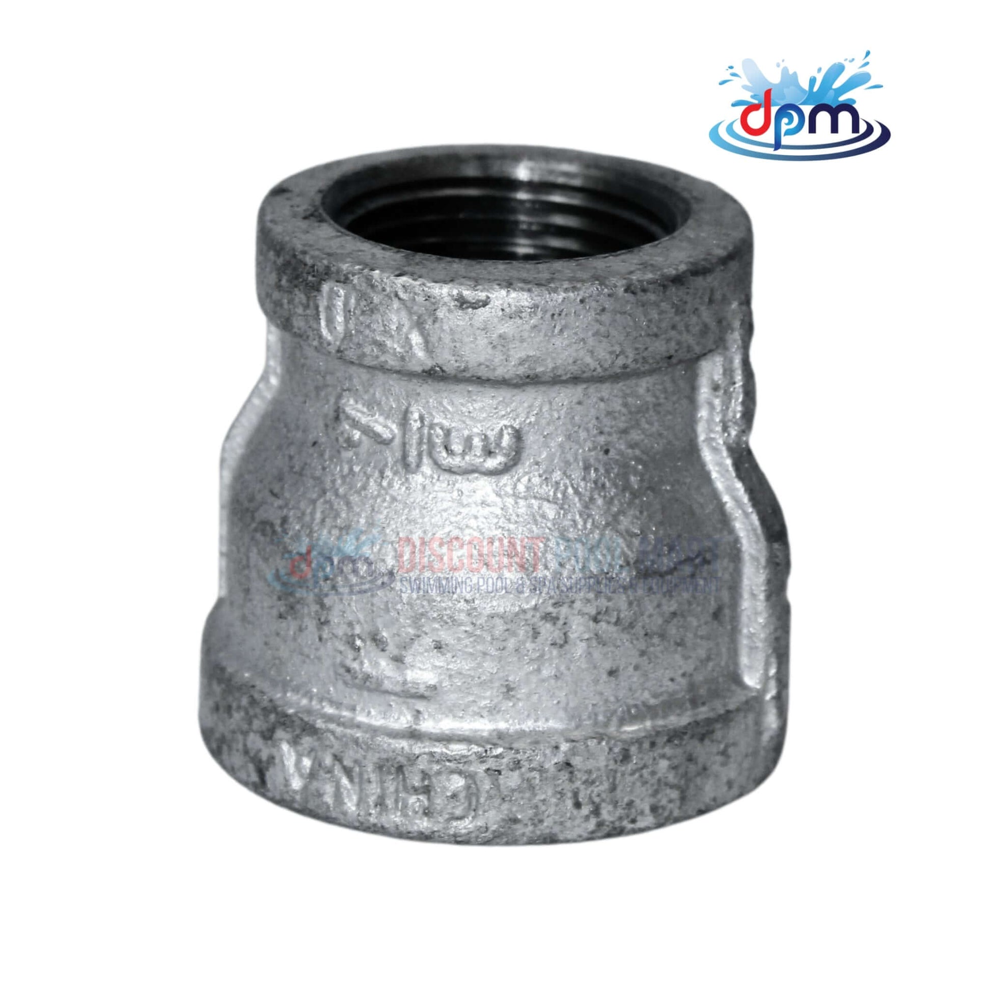 Galvanized Reducer Bushing from Discount Pool Mart DPM, 1" x 3/4", bell-type reducing coupling, corrosion resistant.