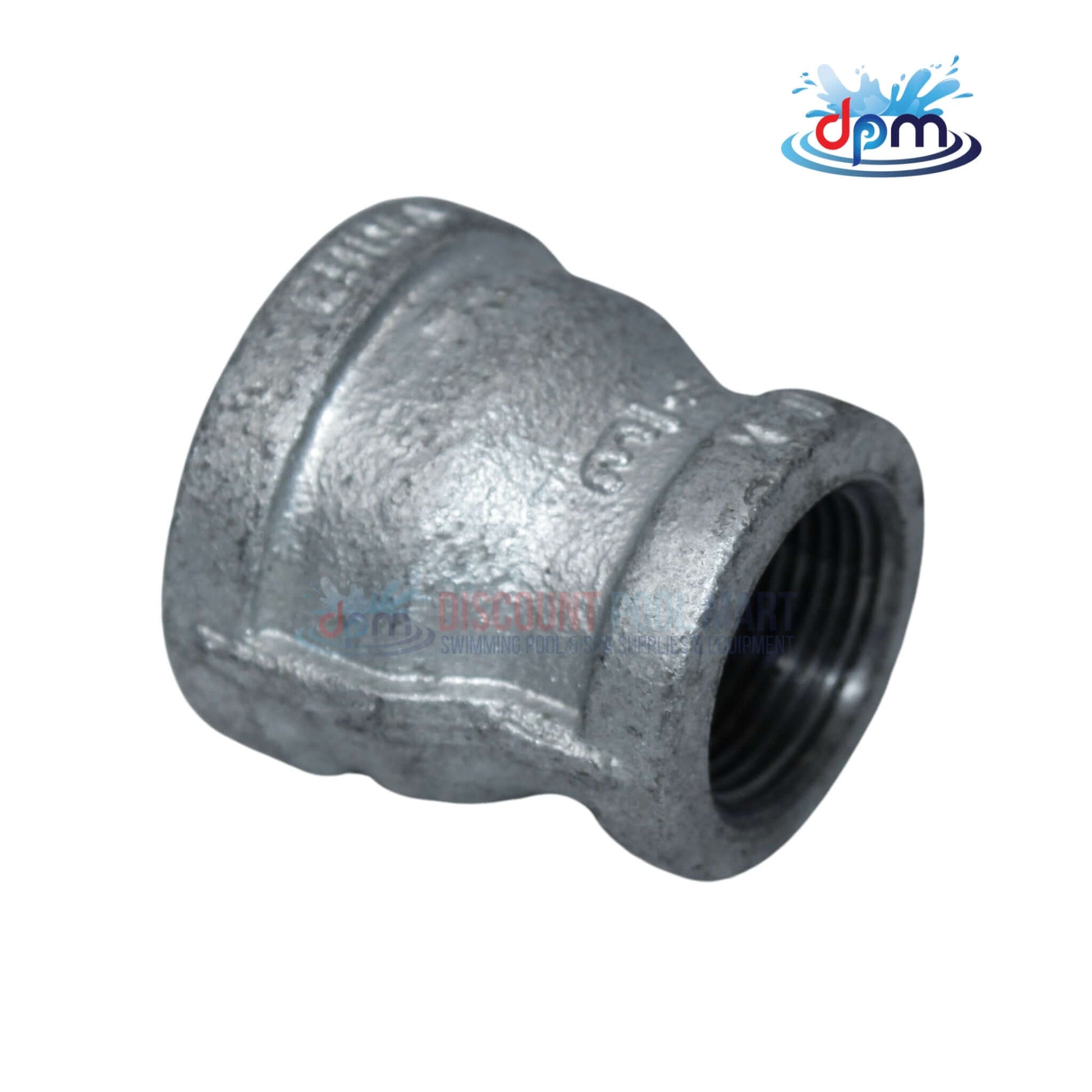 Galvanized Reducer Bushing, bell-type, 1" x 3/4" from Discount Pool Mart (DPM) for fluid system connections.