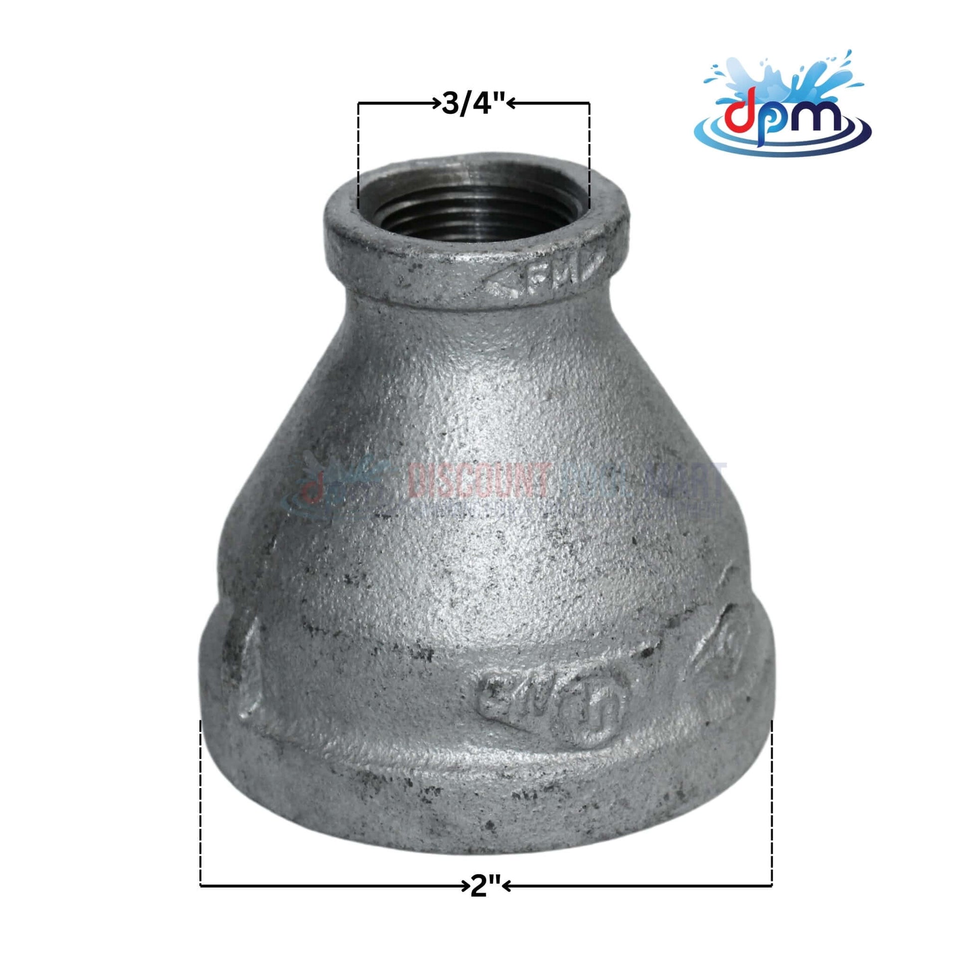 Galvanized Reducer Bushing 2" x 3/4" by Discount Pool Mart DPM, bell-type reducing coupling for secure fit.