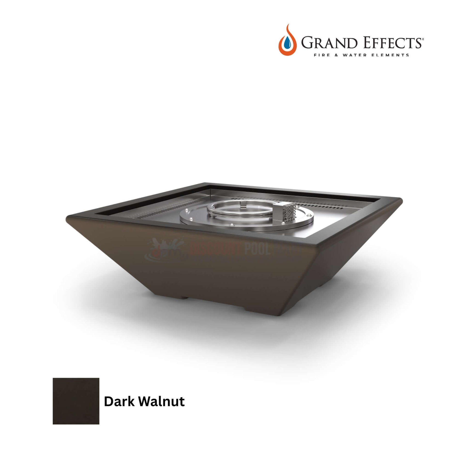 Grand Effects Corinthian Fire Bowl in Dark Walnut, durable GFRC design. Available from Discount Pool Mart (DPM), SKU: [insert SKU here].
