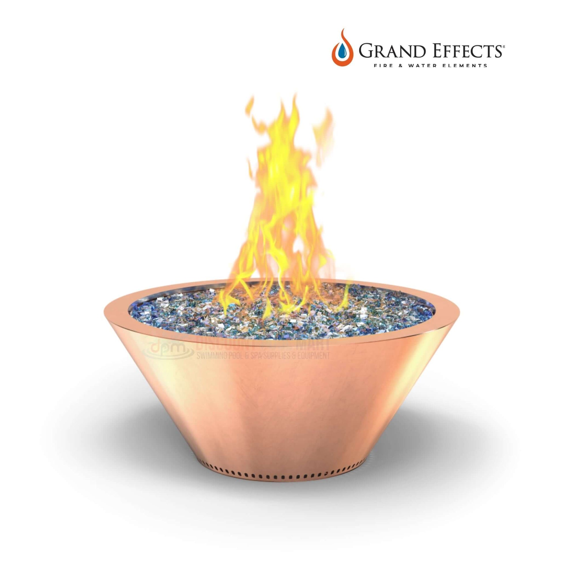 Grand Effects Essex Round Fire Bowl in Copper by Discount Pool Mart DPM, showcasing elegant flames and modern design.