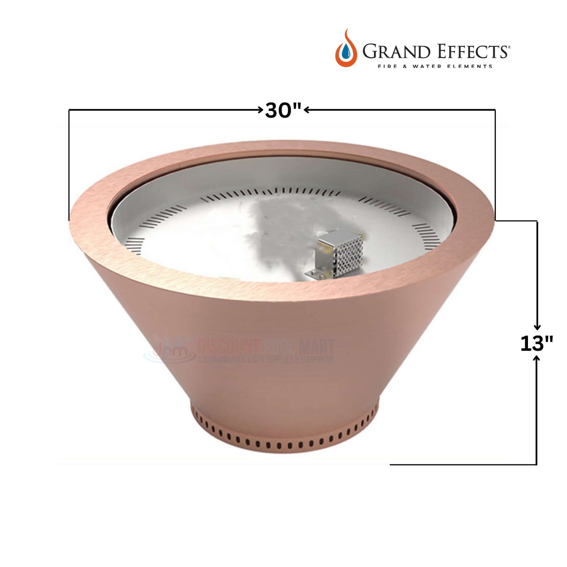 Grand Effects Essex Round Fire Bowl in Copper, 30" diameter, SKU DPM, from Discount Pool Mart, elegant outdoor fire feature.