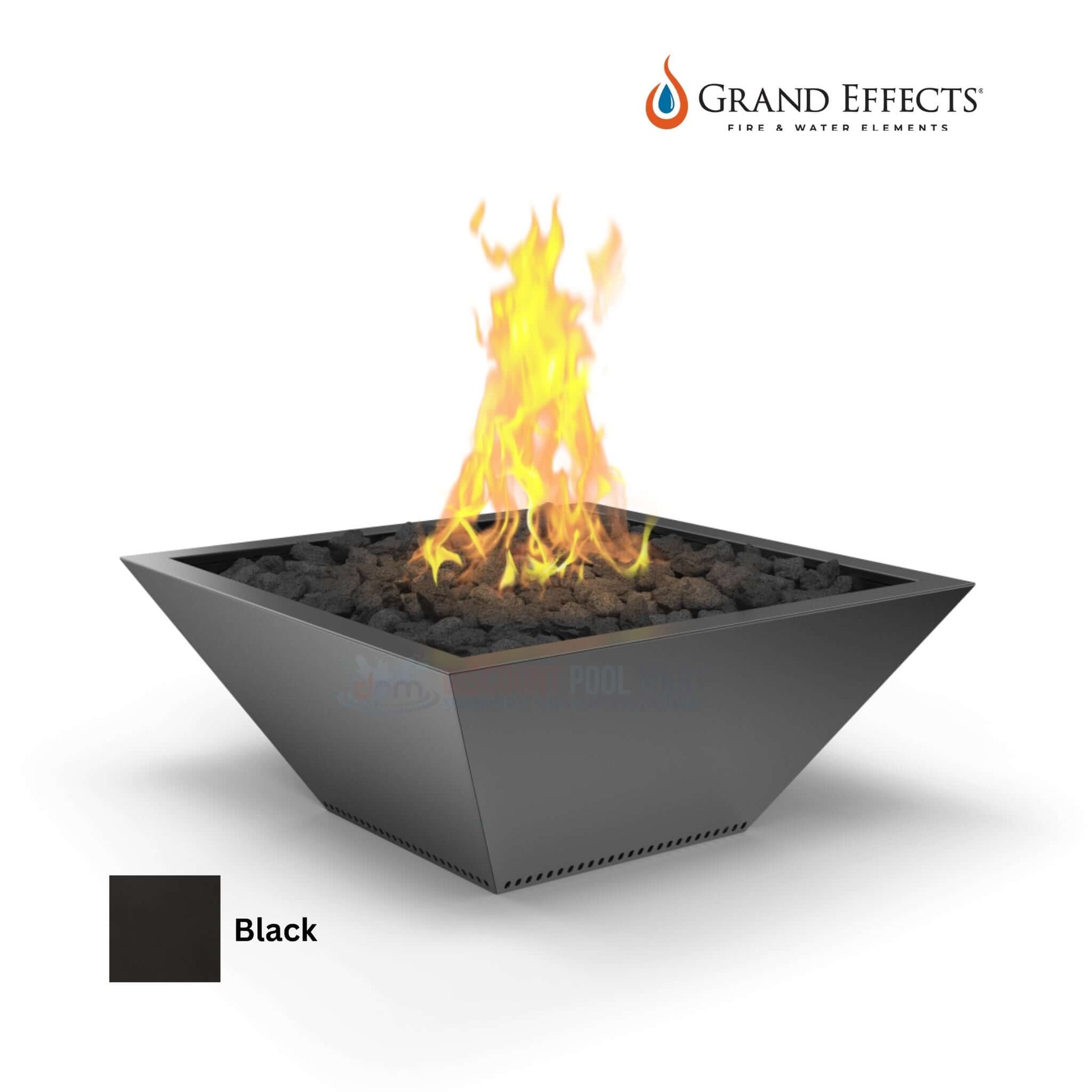 Grand Effects Square Corinthian Fire Bowl in Black by Discount Pool Mart DPM, 24" - 36" sizes, premium outdoor fire element.