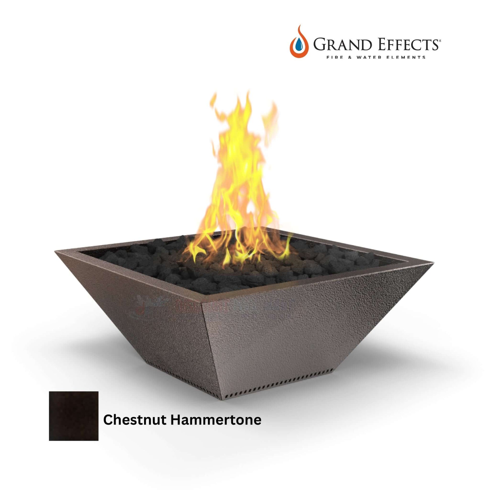 Grand Effects Metallic Square Corinthian Fire Bowl in Chestnut Hammertone - SKU DPM. Premium outdoor fire element with flame.