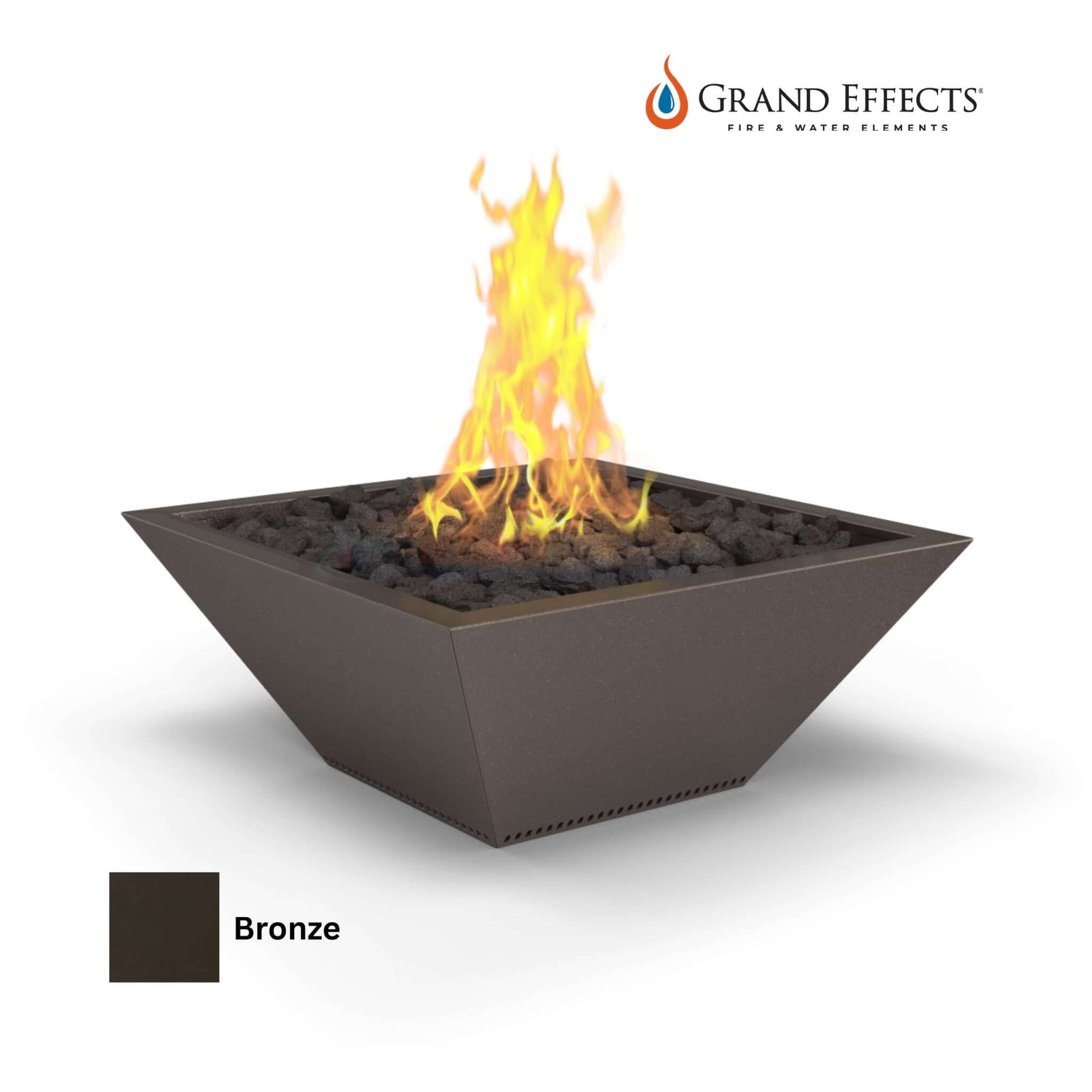 Grand Effects Metallic Square Corinthian Fire Bowl in Bronze by Discount Pool Mart DPM. SKU: GF-BRN-24