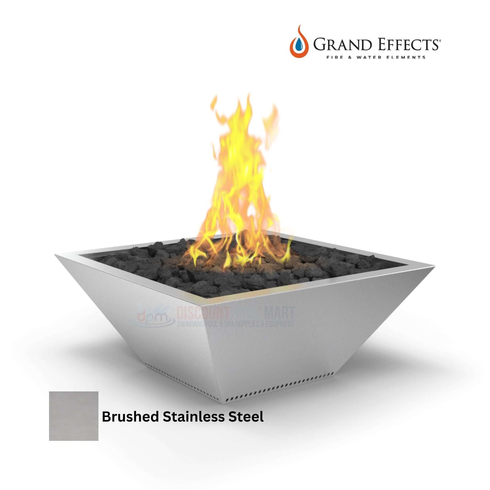 Grand Effects Square Corinthian Fire Bowl in brushed stainless steel by Discount Pool Mart DPM.