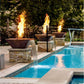 Grand Effects Square Corinthian Fire & Water Bowl by Discount Pool Mart DPM with flames and waterfall near pool.