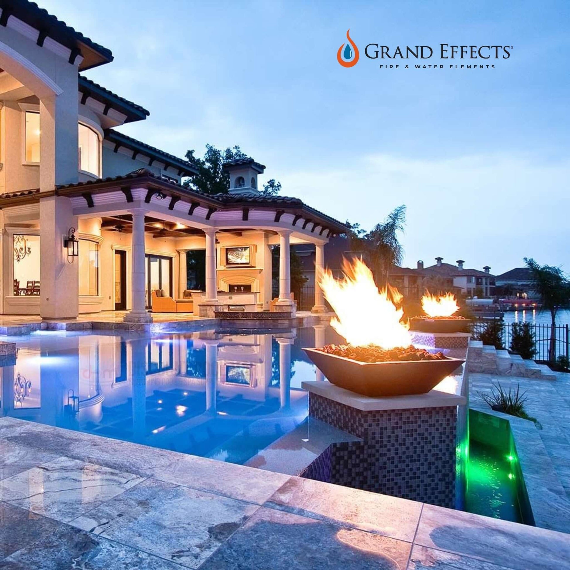 Grand Effects Corinthian Fire Bowl Concrete near pool, stylish outdoor fire feature, SKU DPM-12345, Discount Pool Mart.