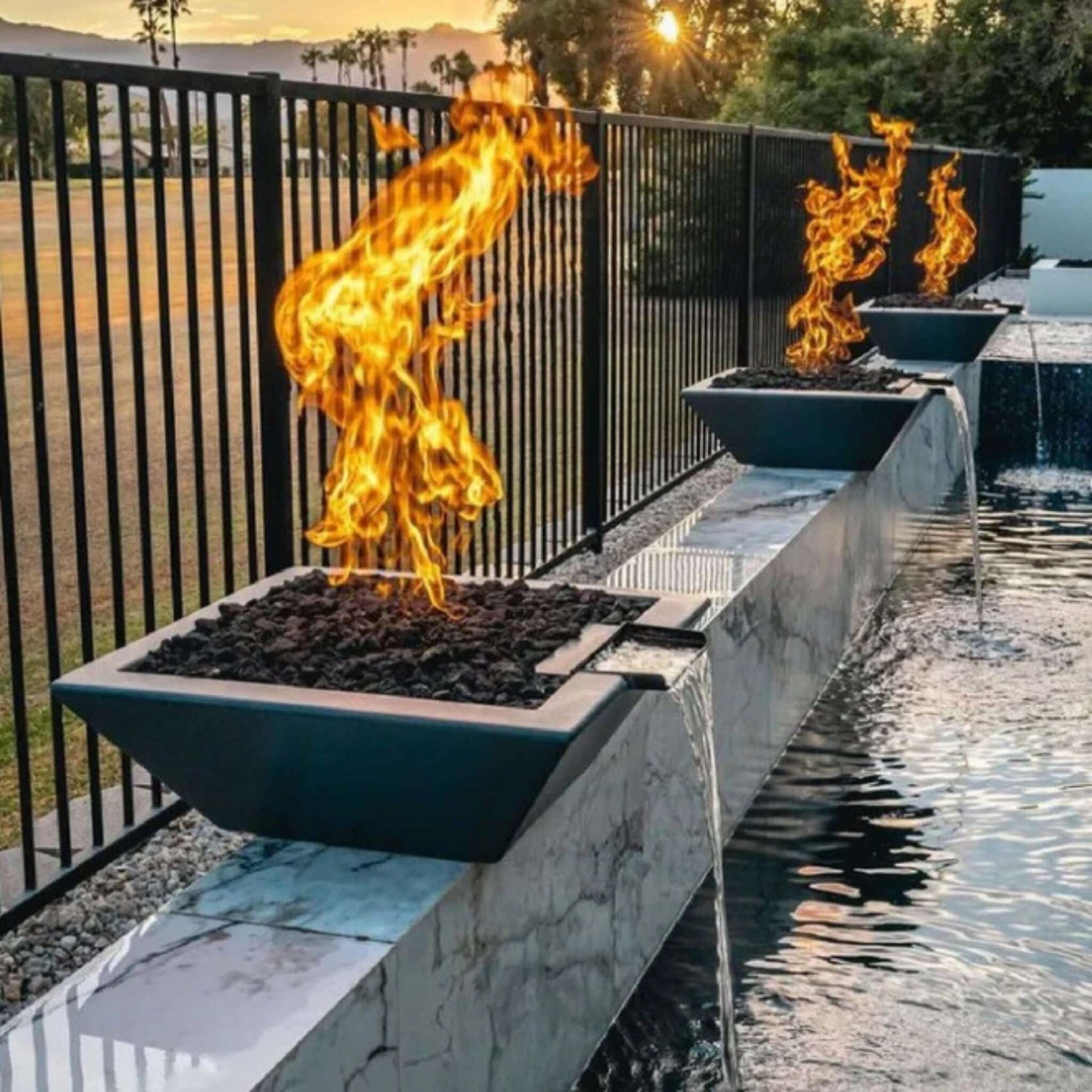 Grand Effects Corinthian Fire & Water Bowl Concrete by Discount Pool Mart DPM, showcasing dramatic flames and tranquil water flow.