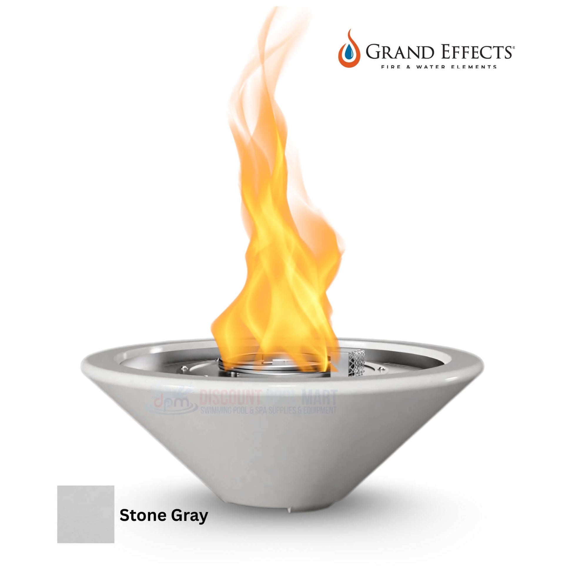 Grand Effects Essex Fire Bowl in Concrete by Discount Pool Mart DPM, featuring a warm flame and sleek Stone Gray design.