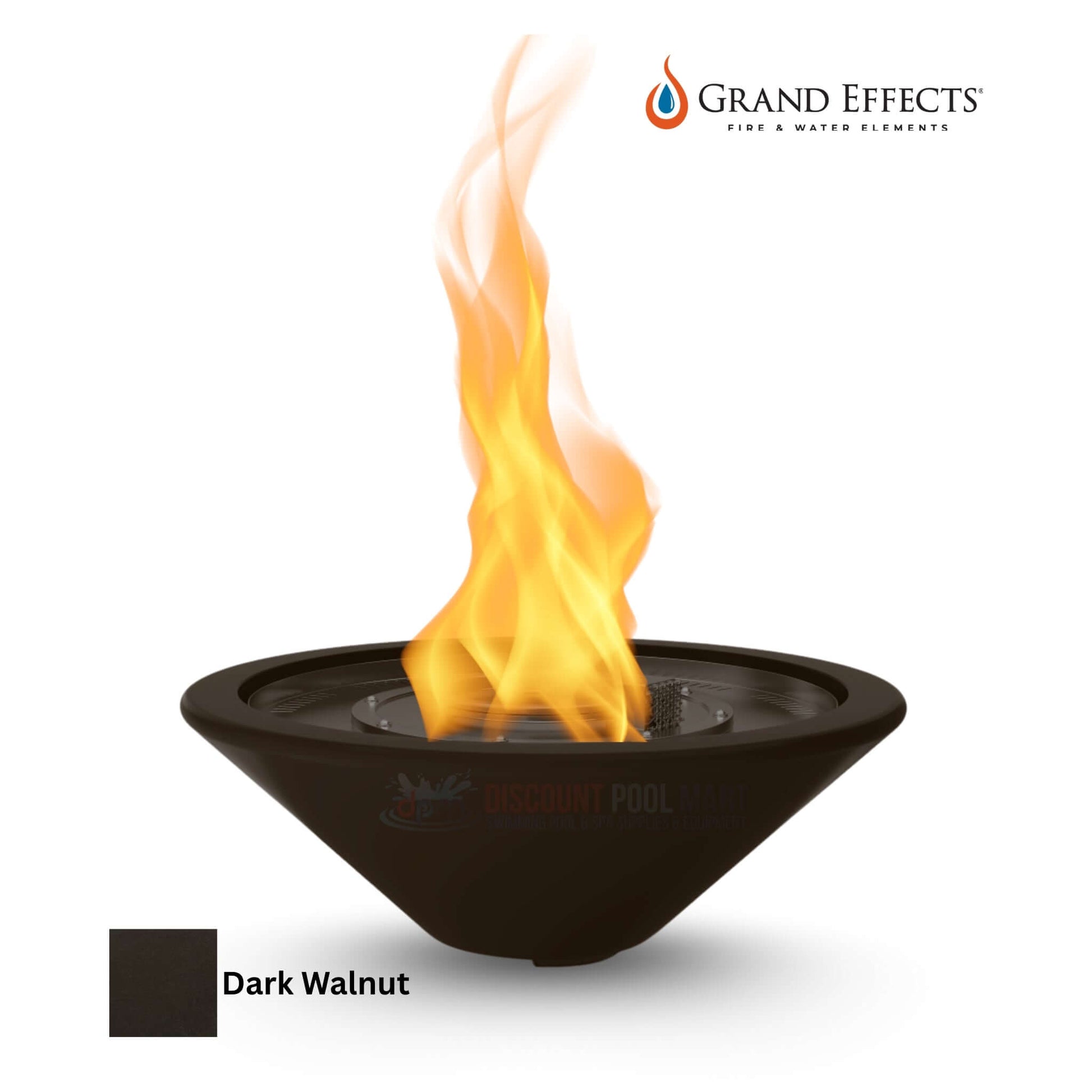 Grand Effects Essex Fire Bowl in Concrete with flames, Dark Walnut finish, from Discount Pool Mart DPM, SKU: GE-EB-XX