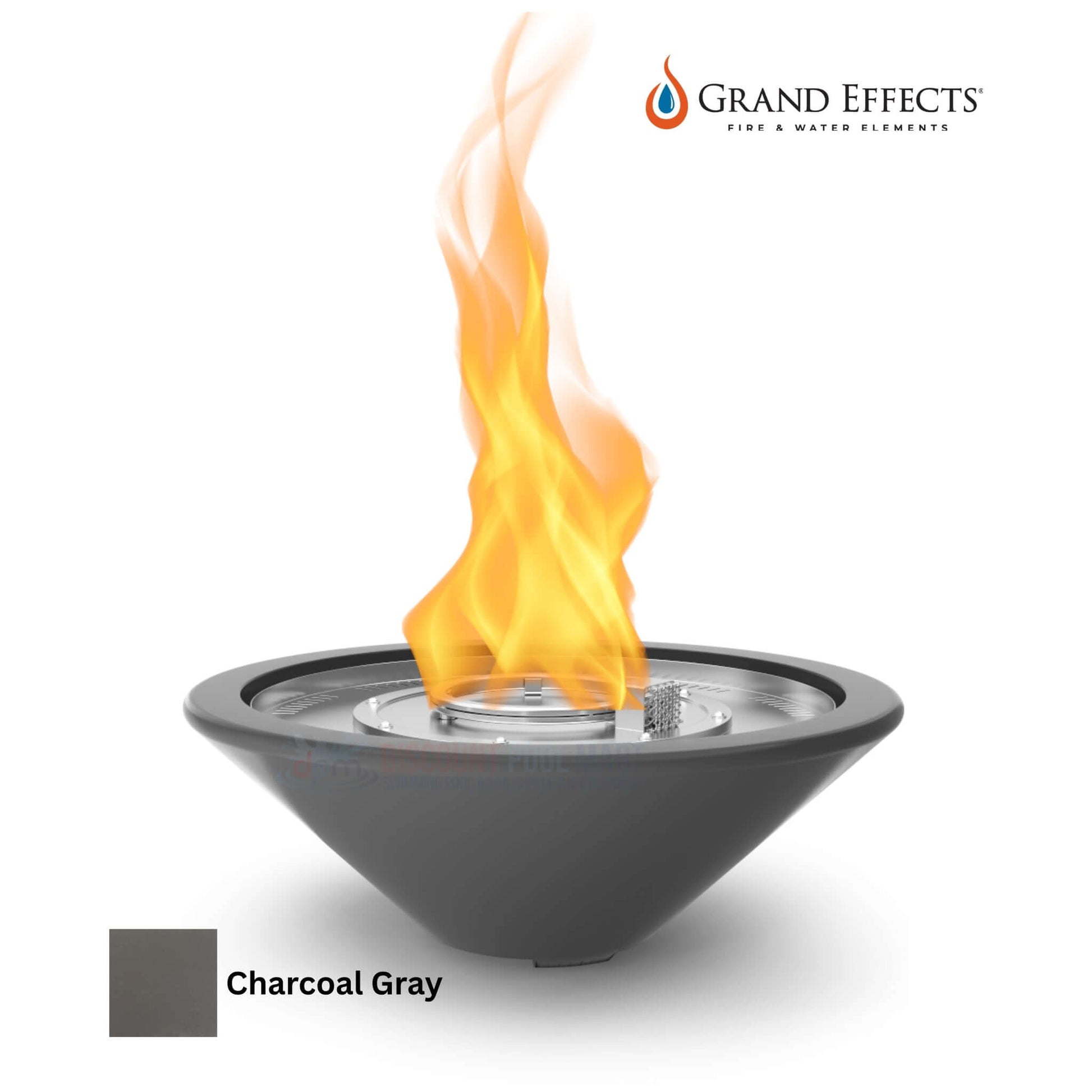 Grand Effects Essex Fire Bowl in Charcoal Gray with flames, high-end outdoor feature from Discount Pool Mart SKU DPM.