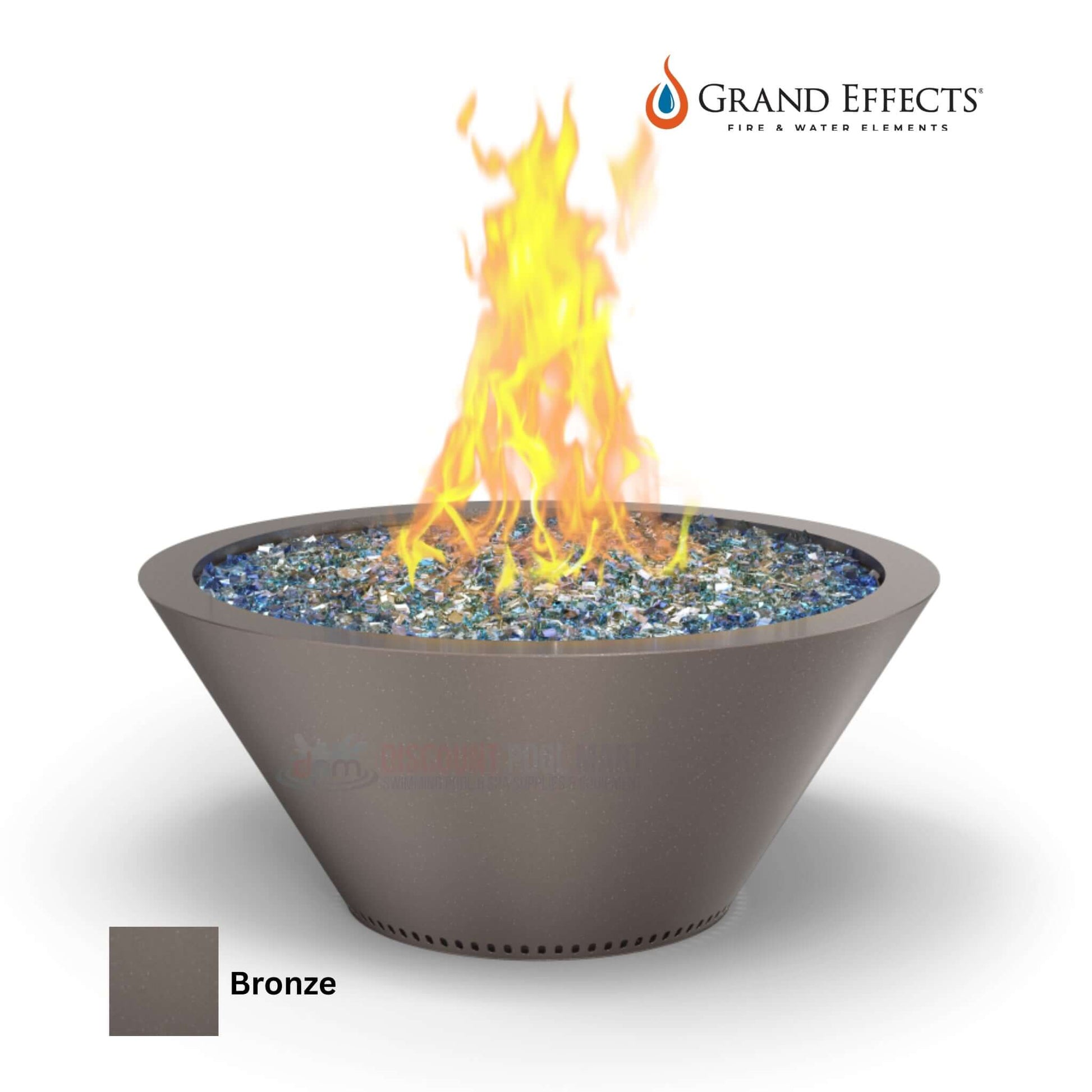 Grand Effects Essex Round Fire Bowl in Bronze from Discount Pool Mart (DPM) with flames and glass rocks.